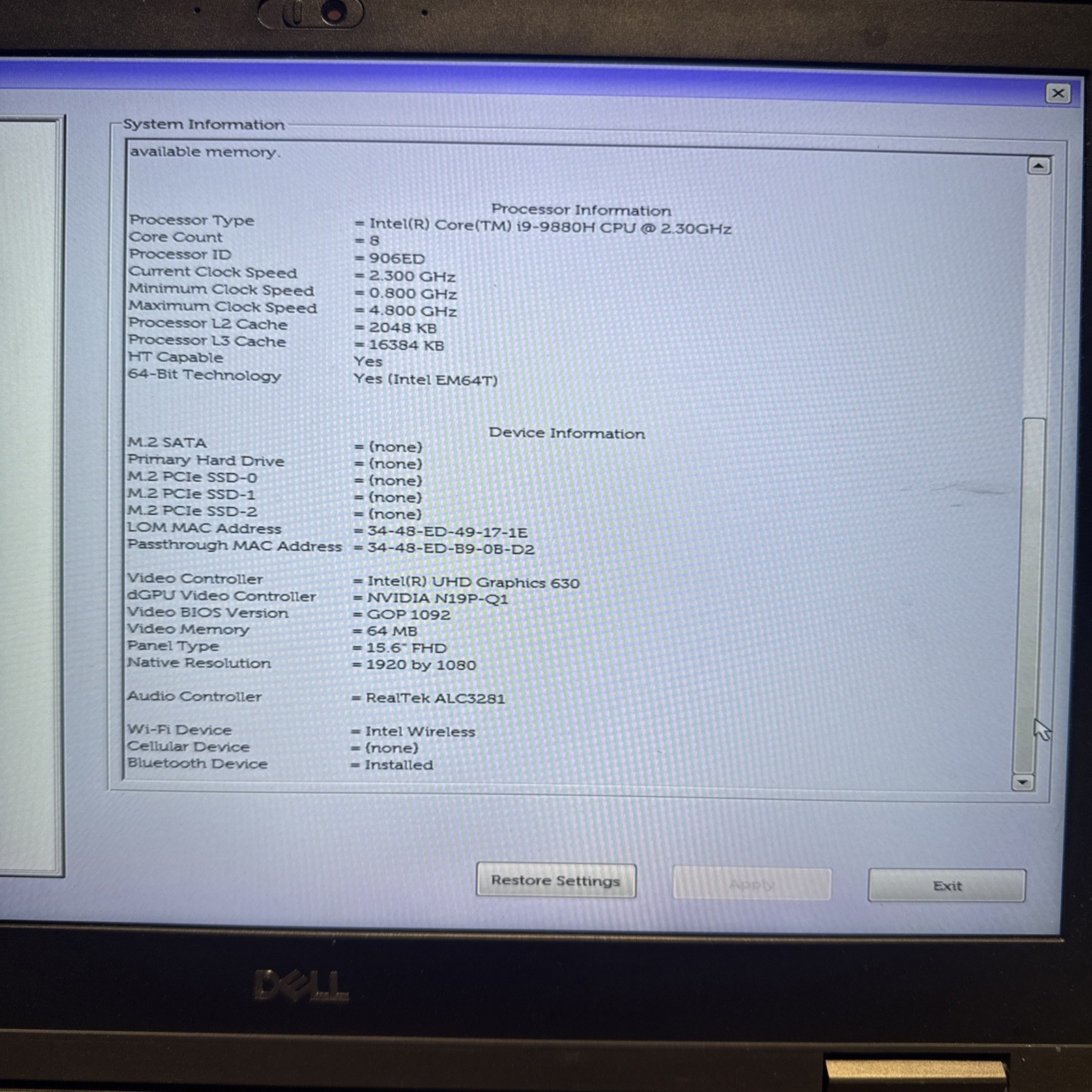 Dell Precision – 7540 Intel Core i9-9980H 2.40Ghz 8GB RAM – NO SSD *NVIDIA*