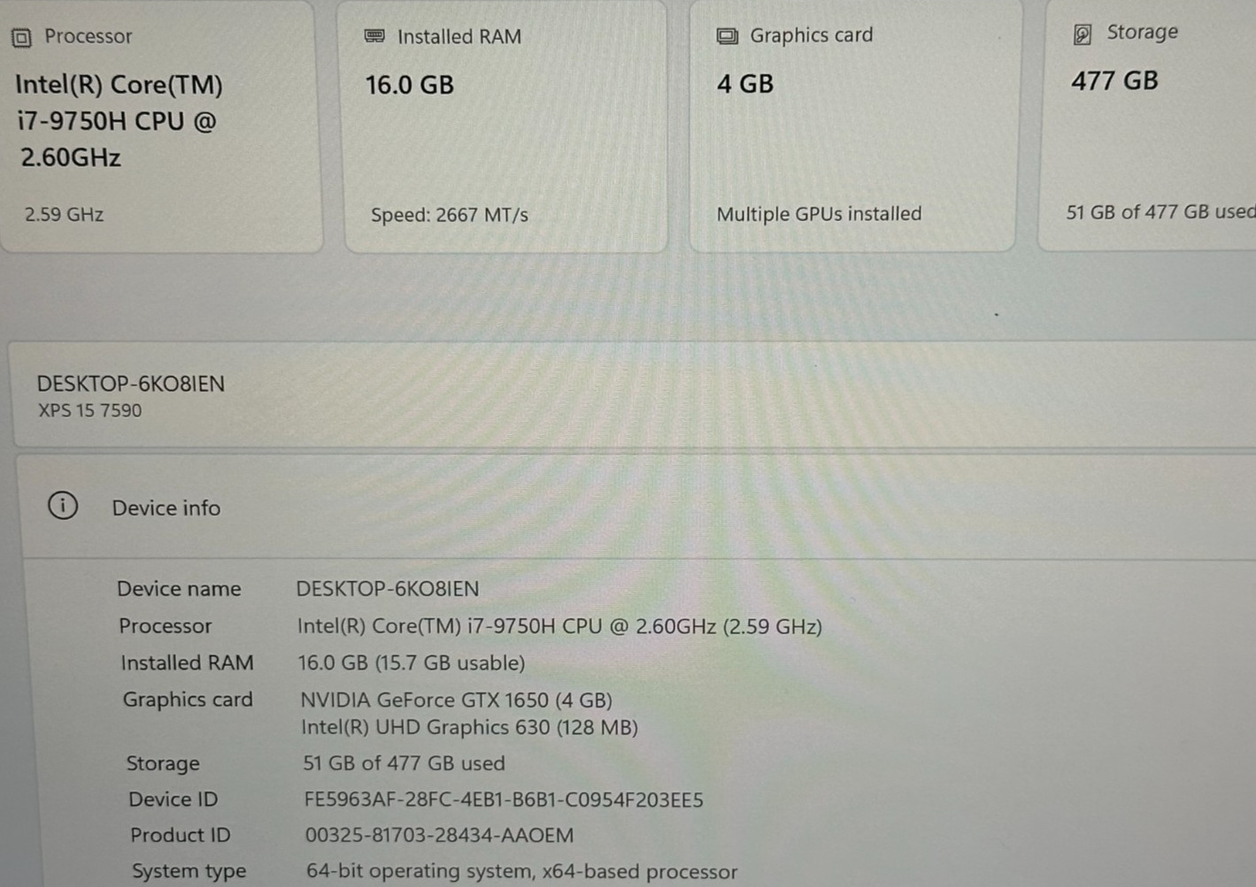 DELL XPS 15 7590 LAPTOP CORE i7-9750h @ 2.60GHZ 16GB RAM 512GB SSD (lp719)