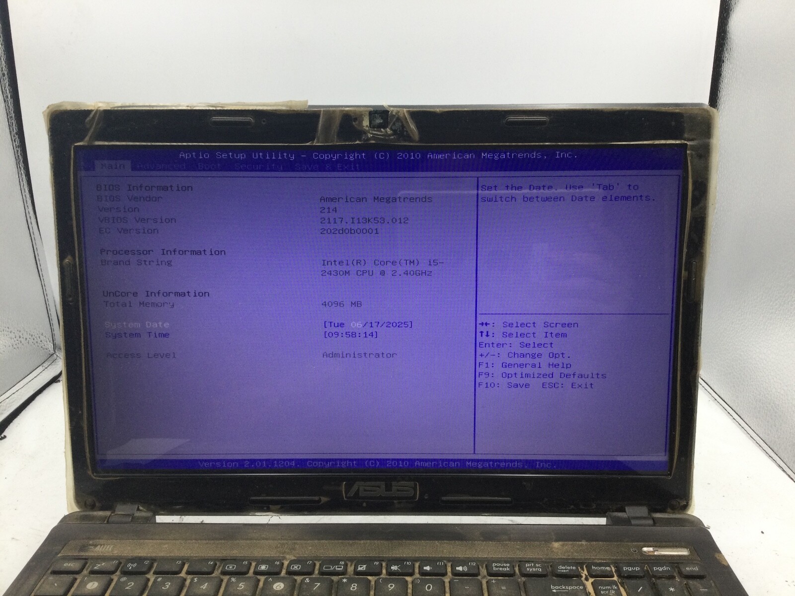 ASUS K538 – BOOTS TO BIOS – INTEL CORE I5 2430 – 4GB RAM – 15″ – READ DESCRIP-BB