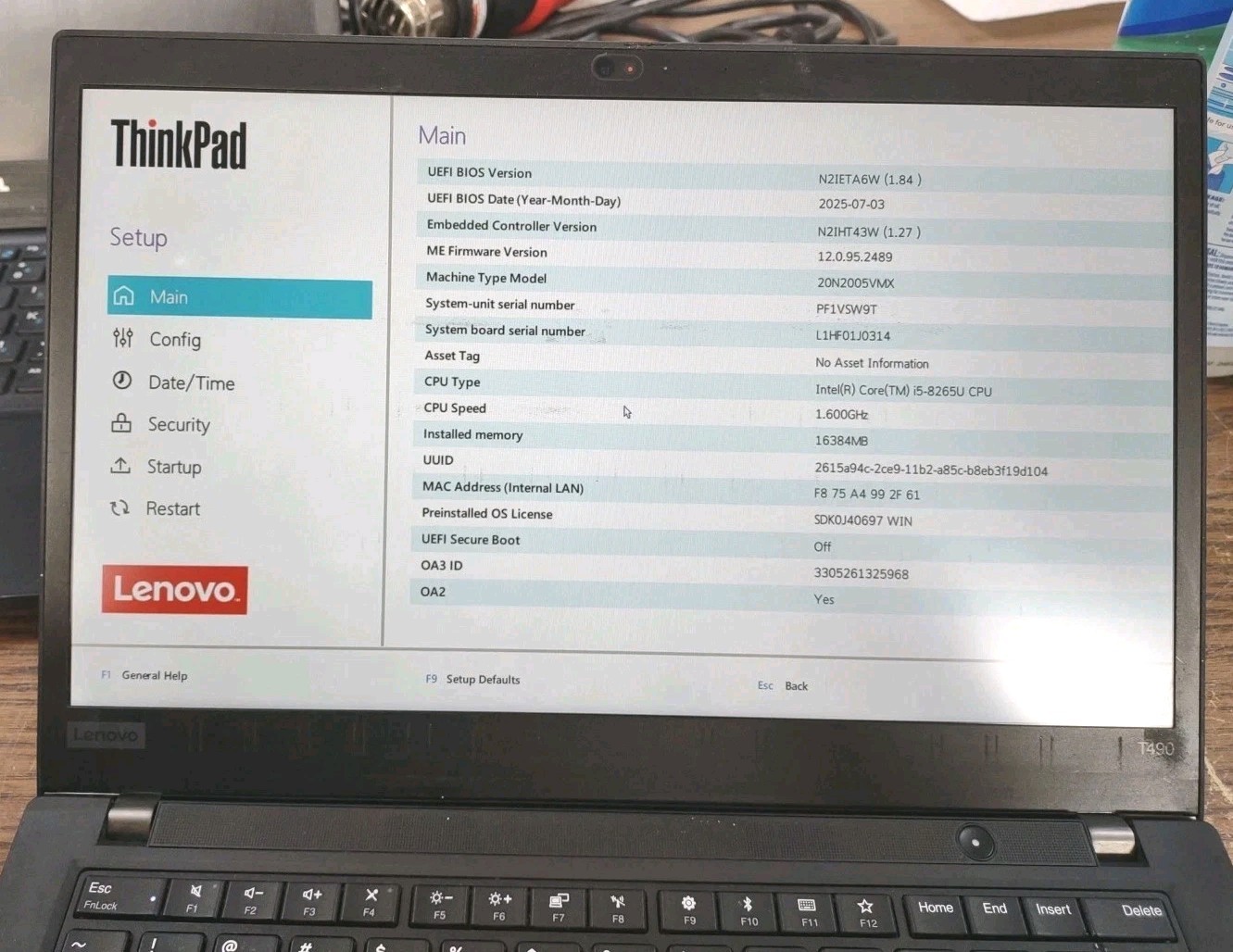 Lenovo ThinkPad T490 14″ W/ i5-8265U 1.6GHz, 8GB, 256GB
