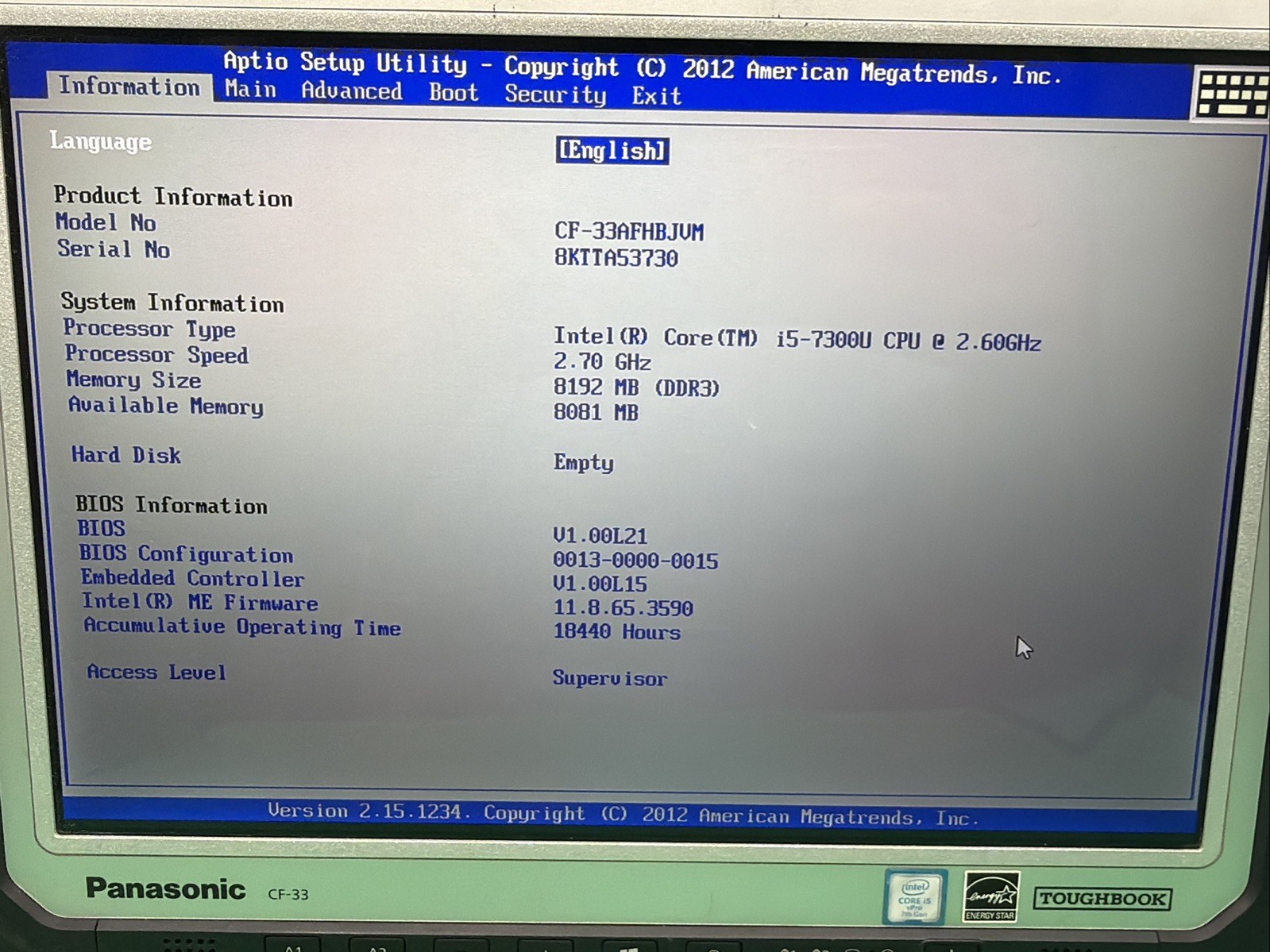 Panasonic Toughbook CF-33 MK1 Tablet i5-7300U 2.6GHz 8GB RAM No Drive/Battery