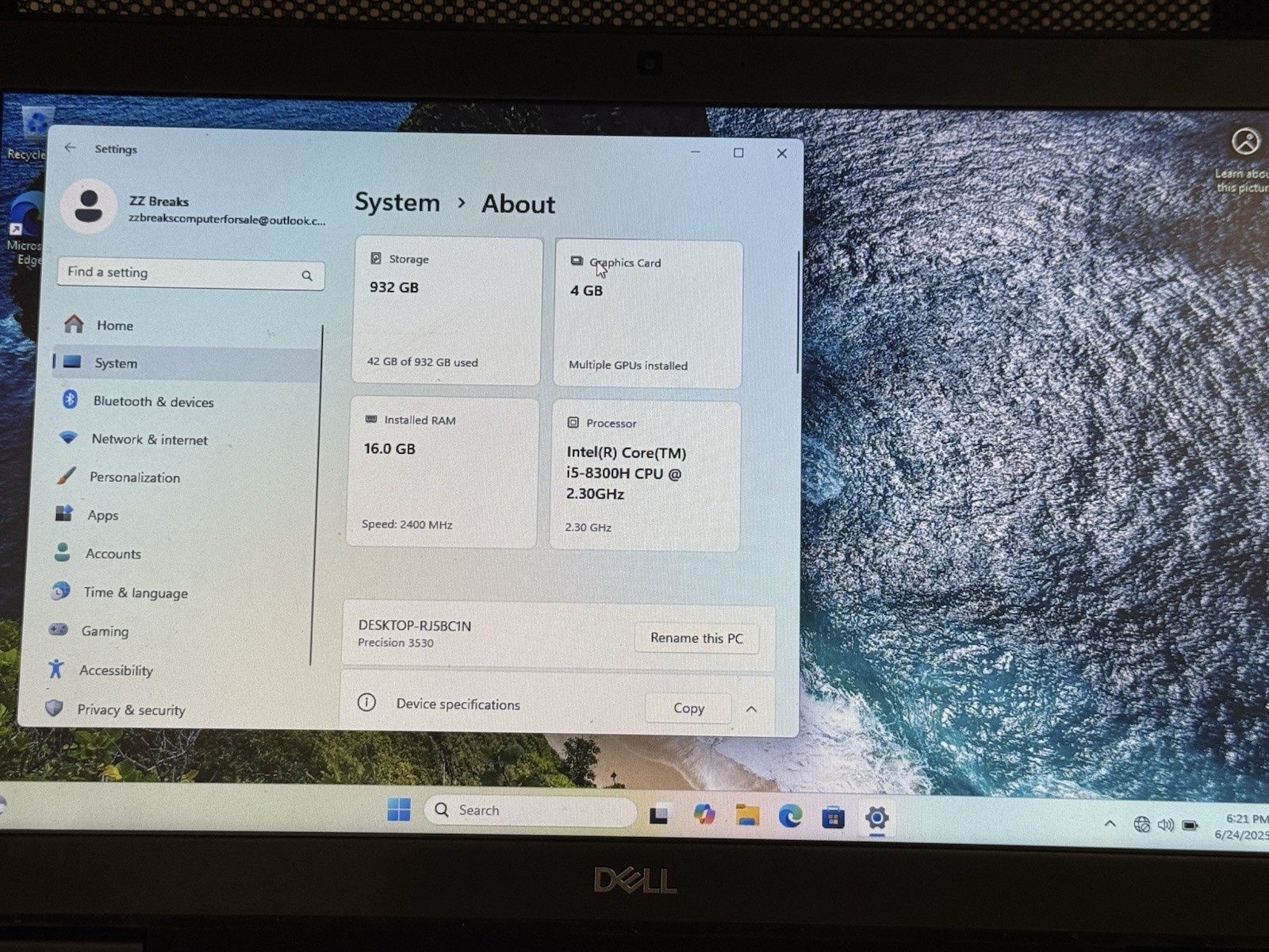 Dell Precision 3530 Laptop – 2.3 GHz i5-8300H 16GB Ram 1TB SSD Webcam P600 4GB”