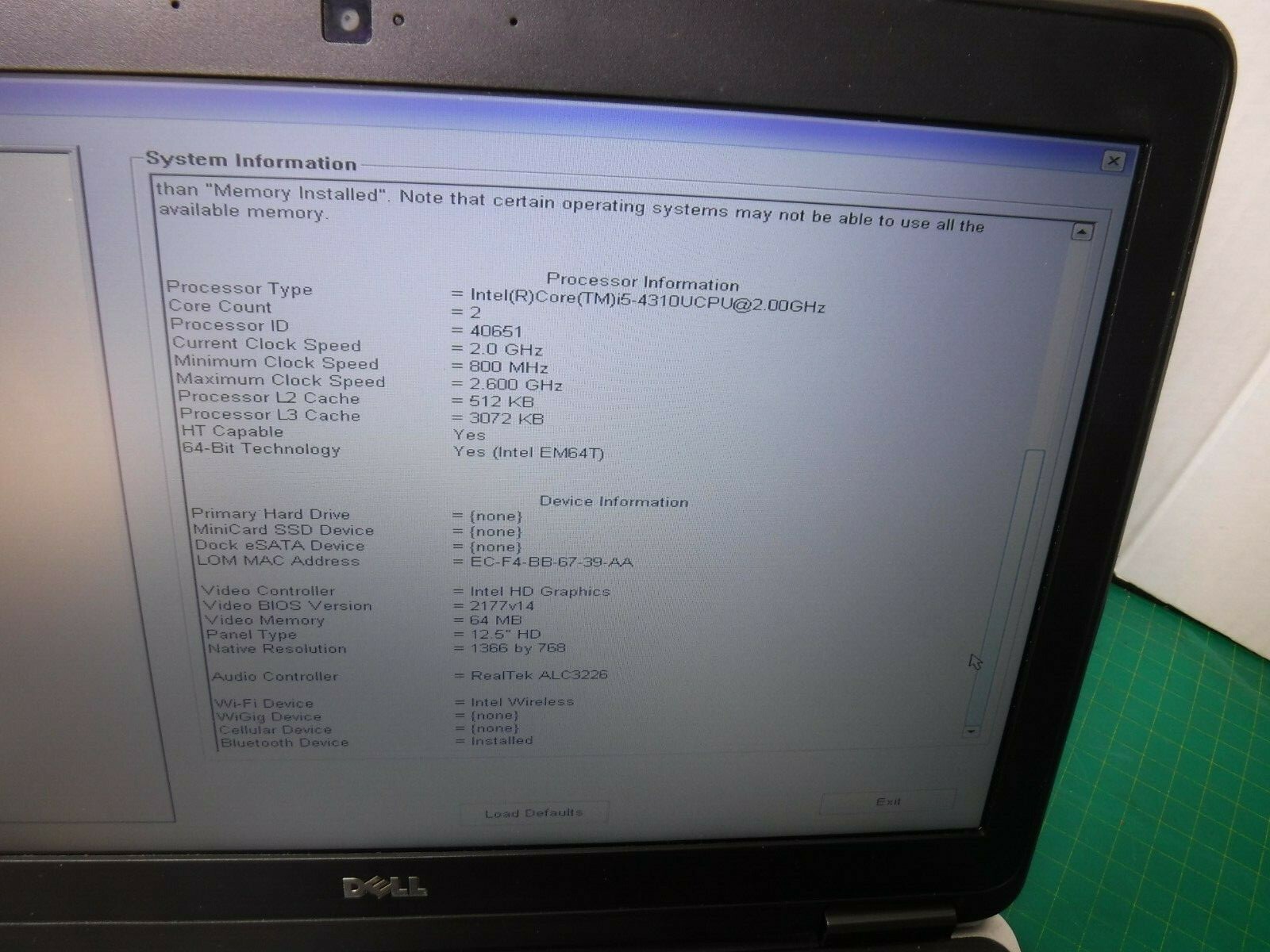 Dell Latitude E7240 Core i5 4310U 4GB RAM 12.5″ Laptop NO HDD NO OS 290XL12