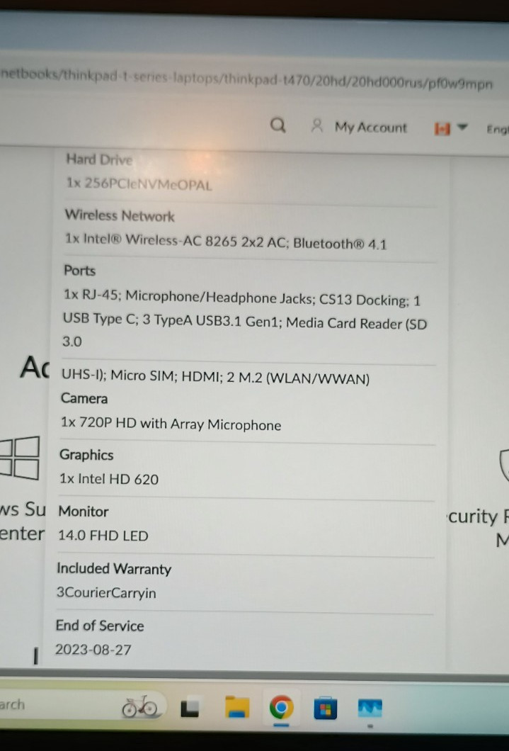 Lenovo ThinkPad T470 i5-7300U 8GB RAM 250GB SSD Win 11 + Charger