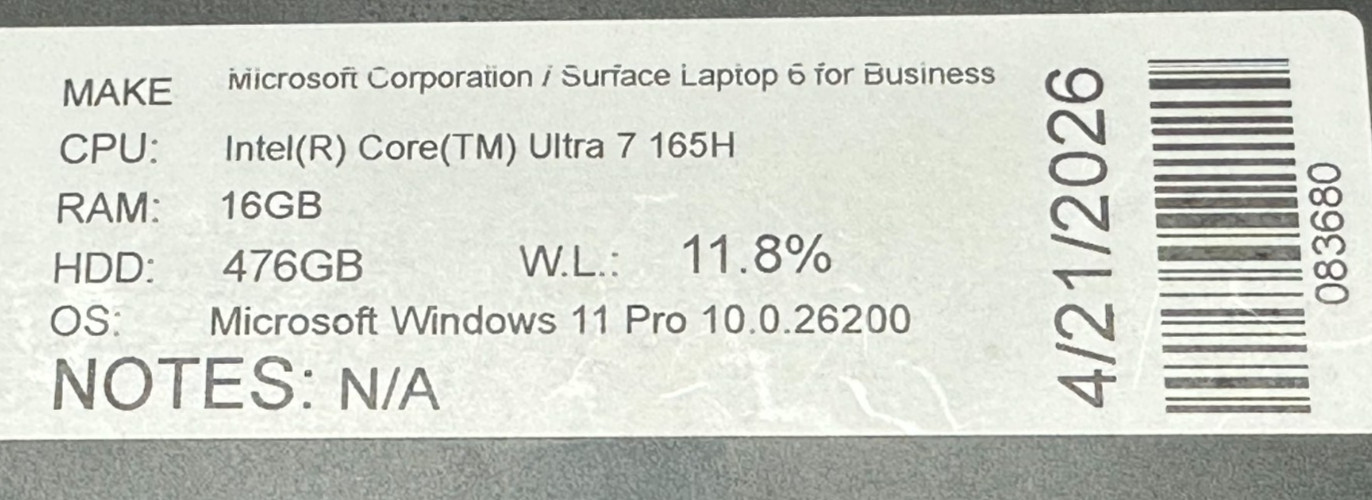 MICROSOFT SURFACE 6 LAPTOP CORE ULTRA 7 165H @ 3.8GHZ 16GB RAM 476GB SSD (lp708)