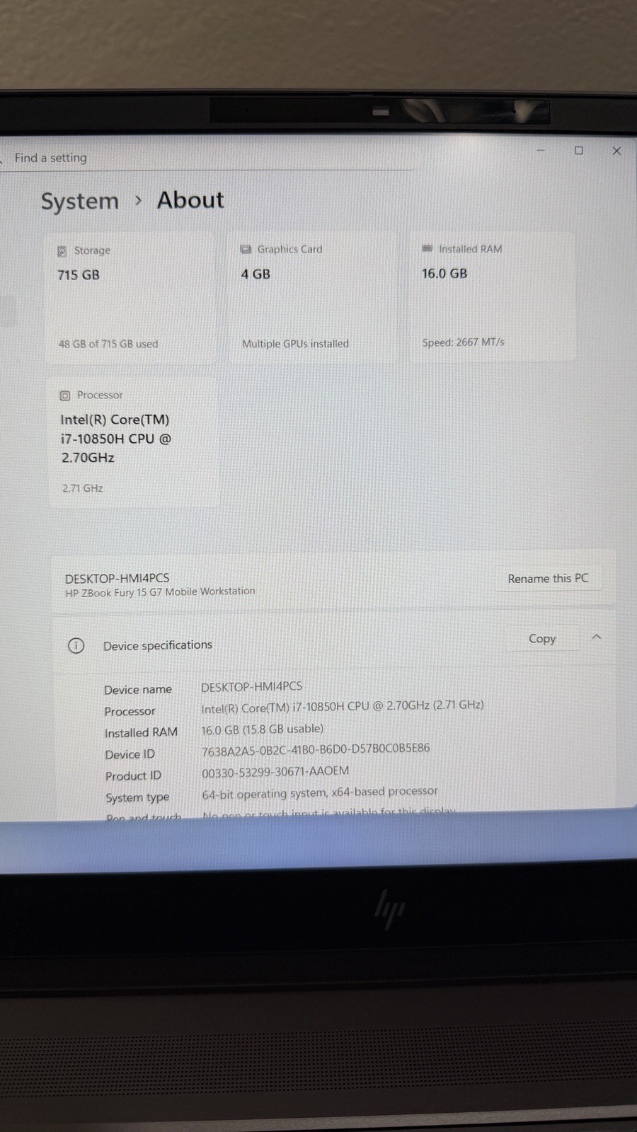 HP Zbook Fury 15 G7 15.6″ 1080p i7-10850H 16GB Ram 700GB SSD NVIDIA T2000 Max-Q