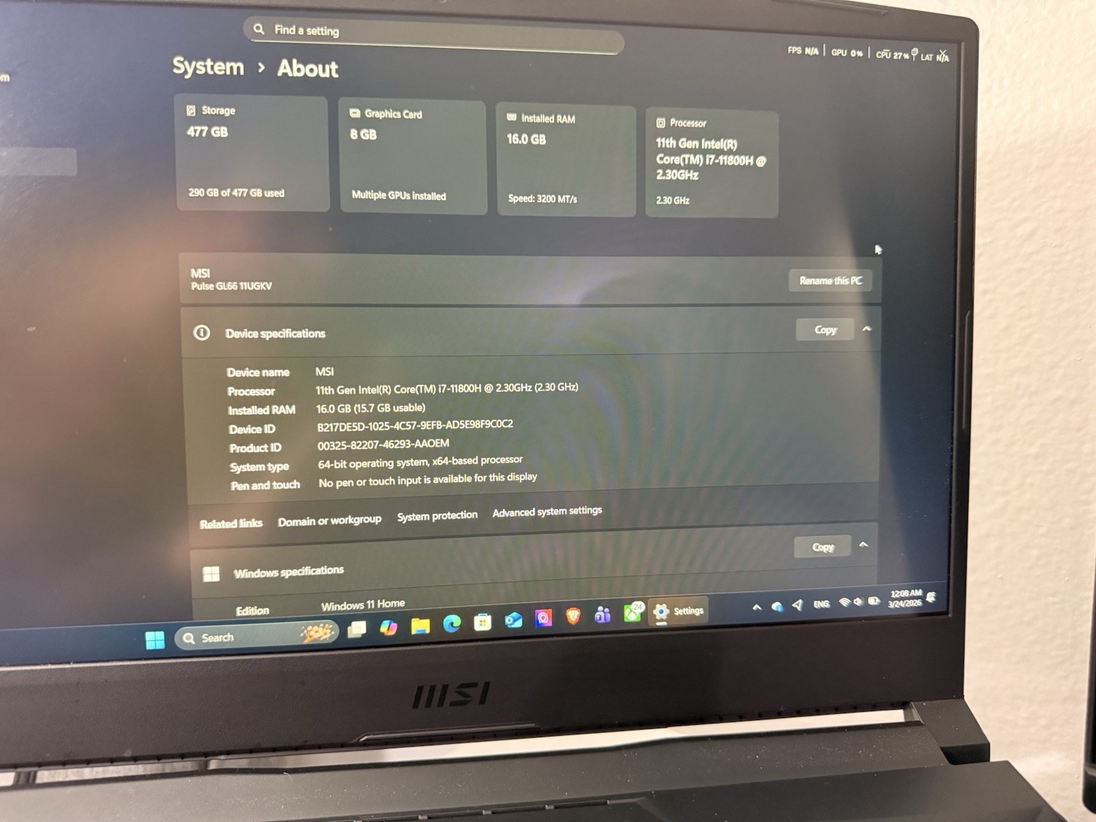 MSI Pulse GL66 11UGKV Gaming Laptop i7 16GB 477GB SSD RTX 15.6″ Win11