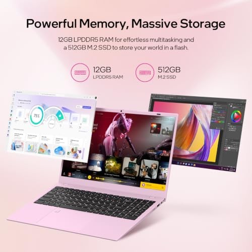 Pink Laptop,15.6 Inch Laptop Computer,12GB RAM 512GB SSD,4-Cores N150