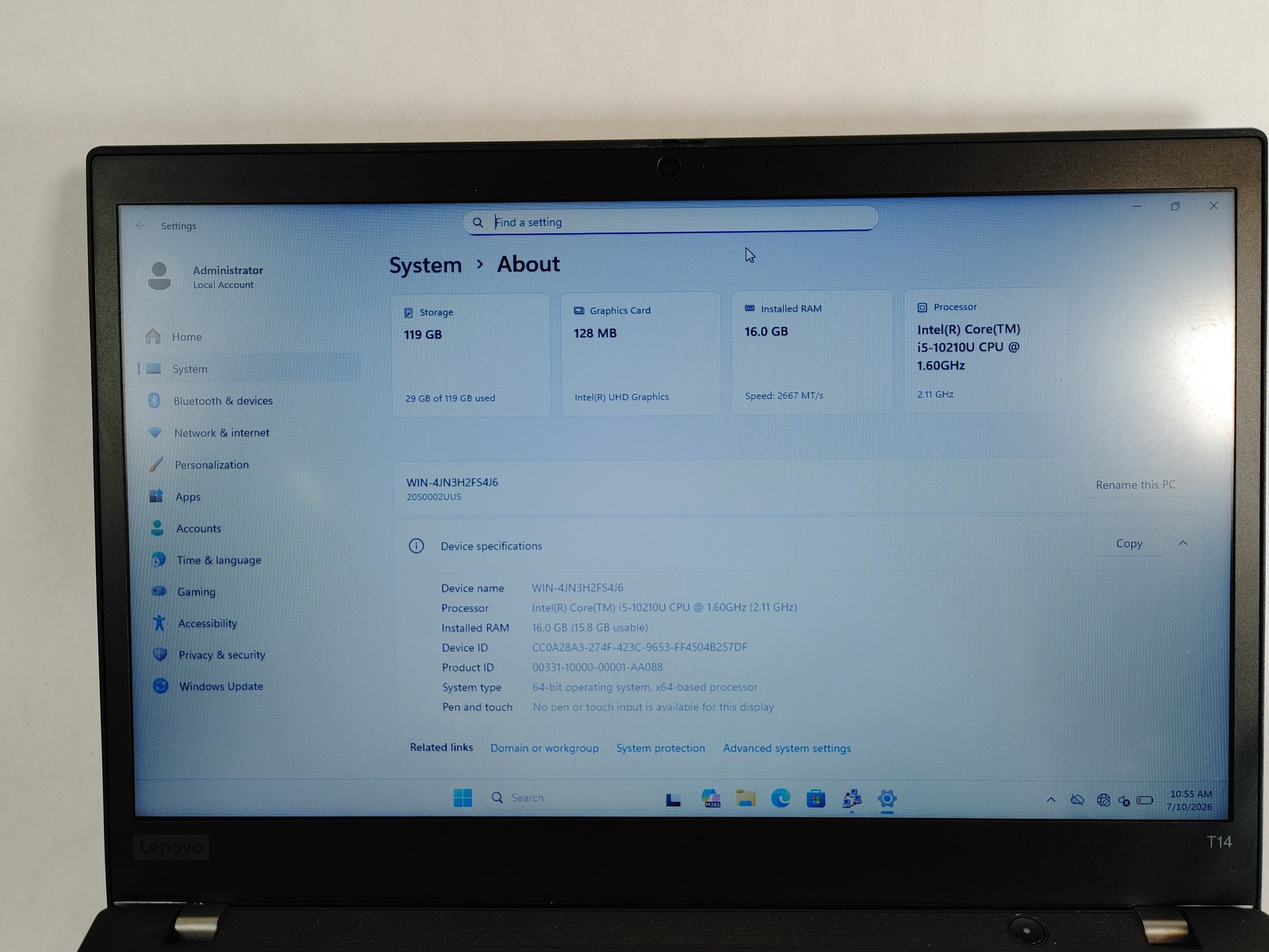 Lenovo ThinkPad T14 Gen 1 Core i5-10210U 1.60 GHz 16 GB DDR4 128 GB M.2 Windows