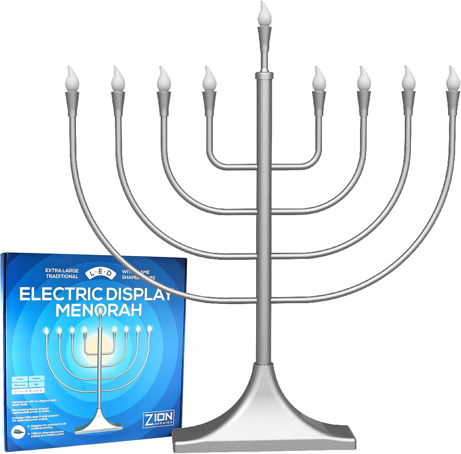 Extra Large Display Electric Menorah Satin Silver 23″ Tall – with Flame Shaped B