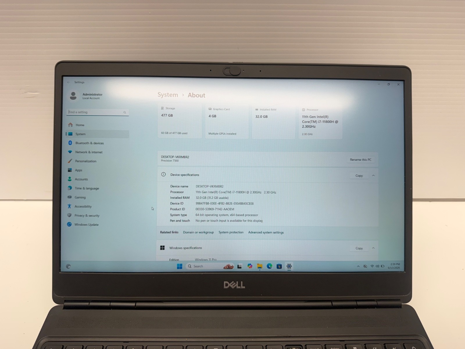 Dell Precision 7560 Laptop – 2.5 GHz i7-11850H 32GB 512GB Cam NVIDIA T1200 15.6″
