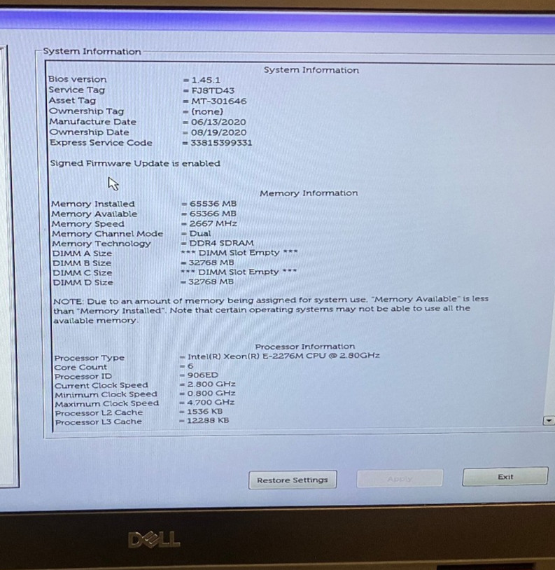 Dell Precision 7540 NVIDIA Q. RTX 3000 6GB 2.8GHz Intel Xeon E-2276M 64GB 1TB