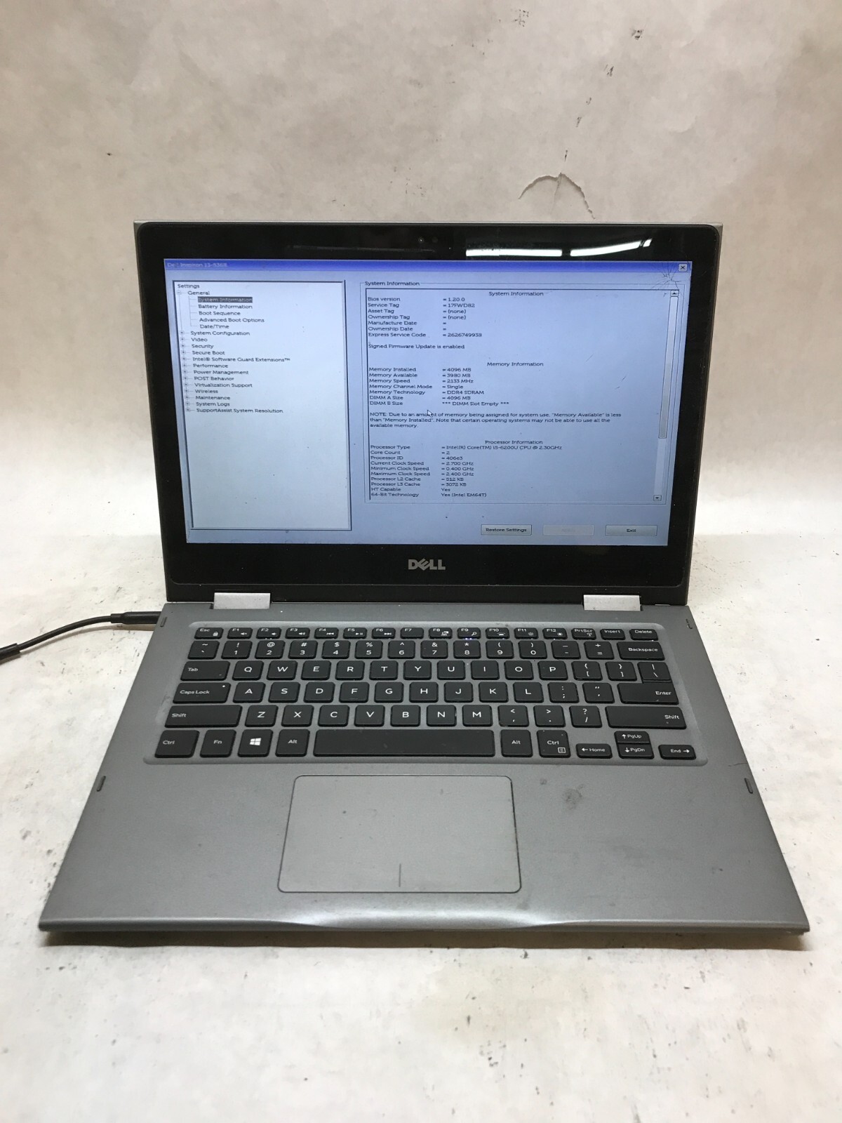 Dell Inspiron 13-5368 13″ Intel i5-6200U 4GB RAM NO HDD/OS Cracked For Parts -DW