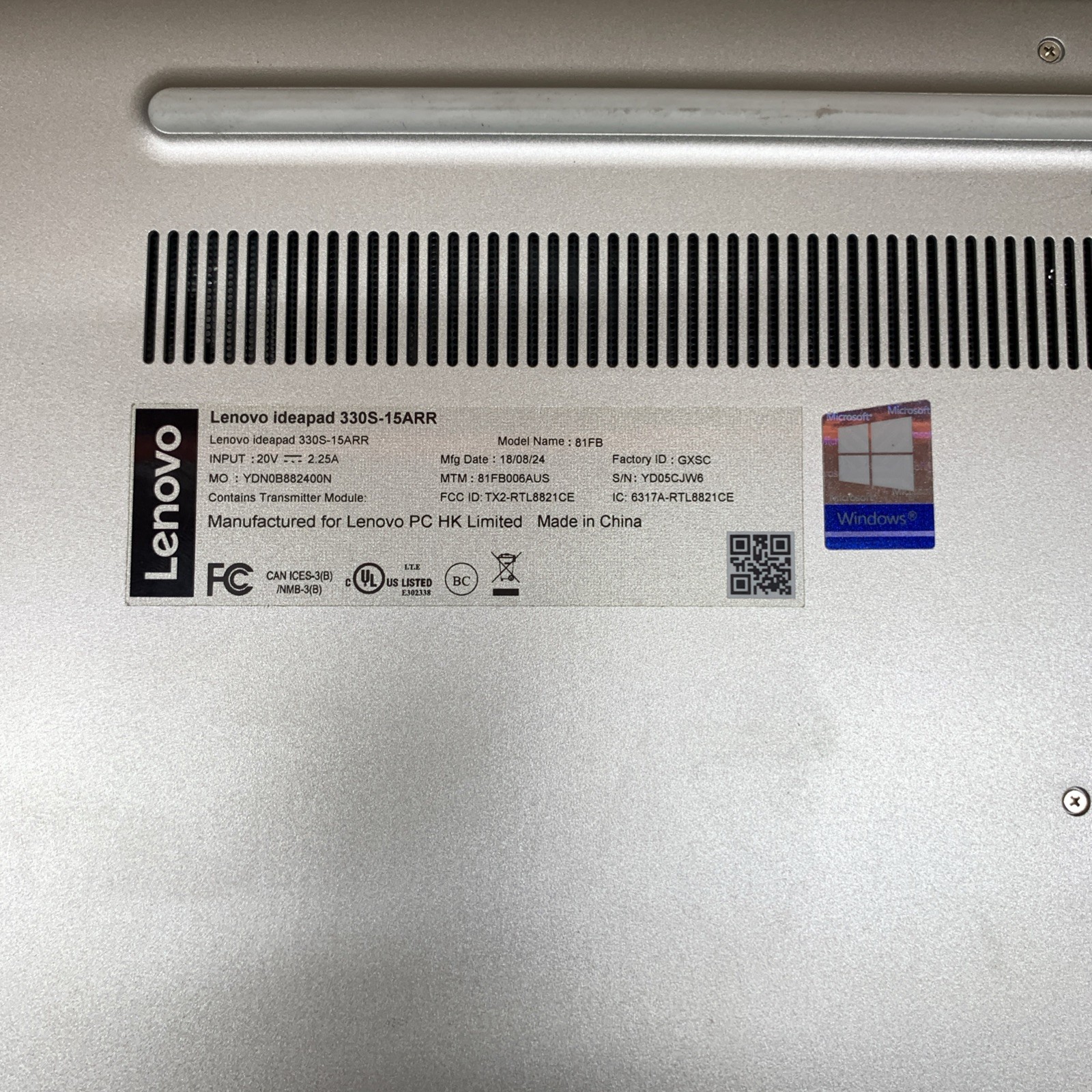Lenovo Ideapad 330S, AMD Ryzen 5 2500U @ 2.0GHz, 8GB RAM, No SSD/OS