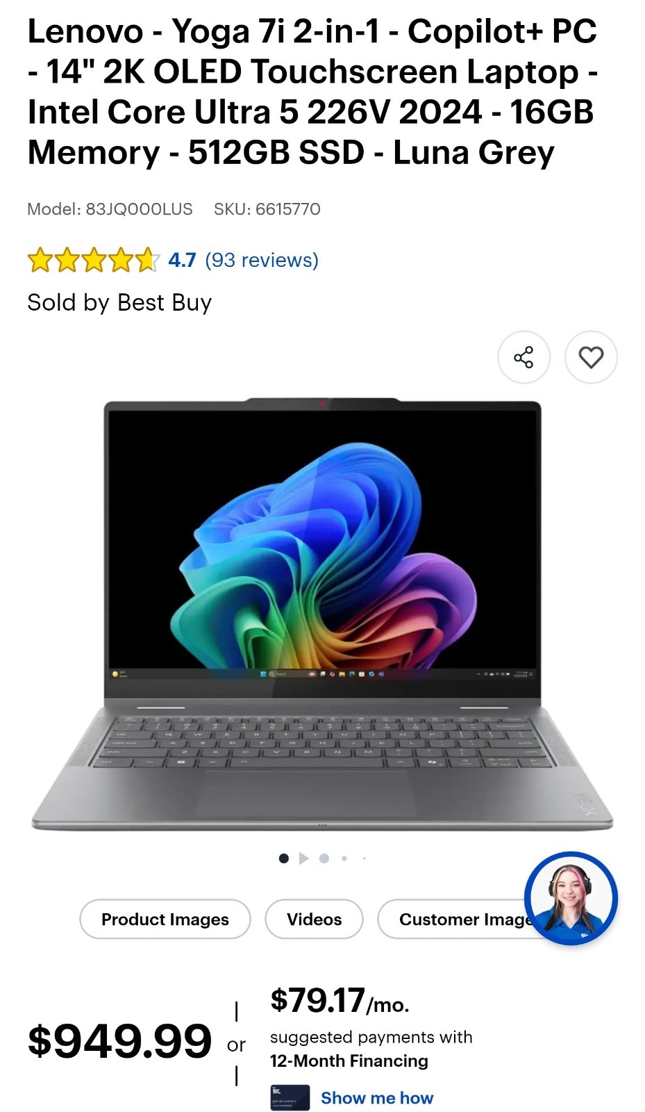 Lenovo Yoga 7i 2-in-1 14″ Touch Intel Core Ultra 5 226V 16GB 512GB SSD