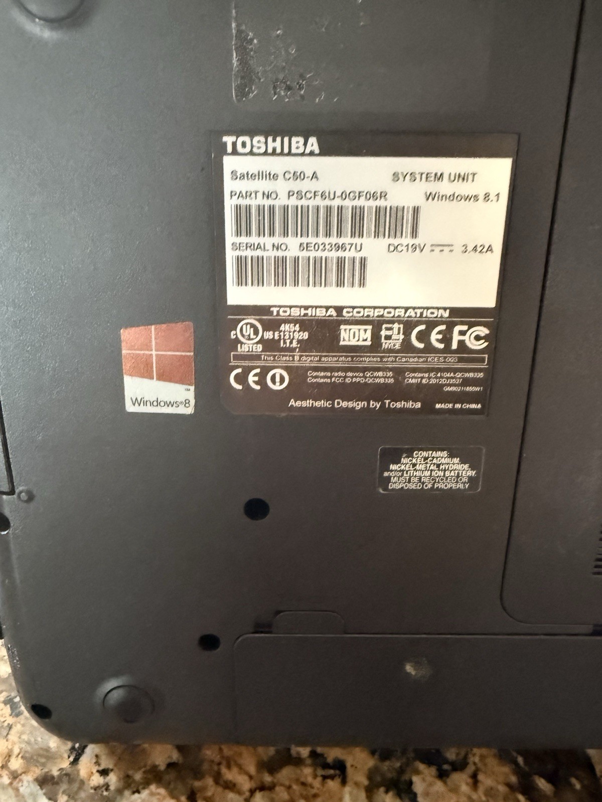 Toshiba Satellite C50-A Intel Celeron 1005M 1.90GHz 4GB RAM 500GB HDD (No OS)