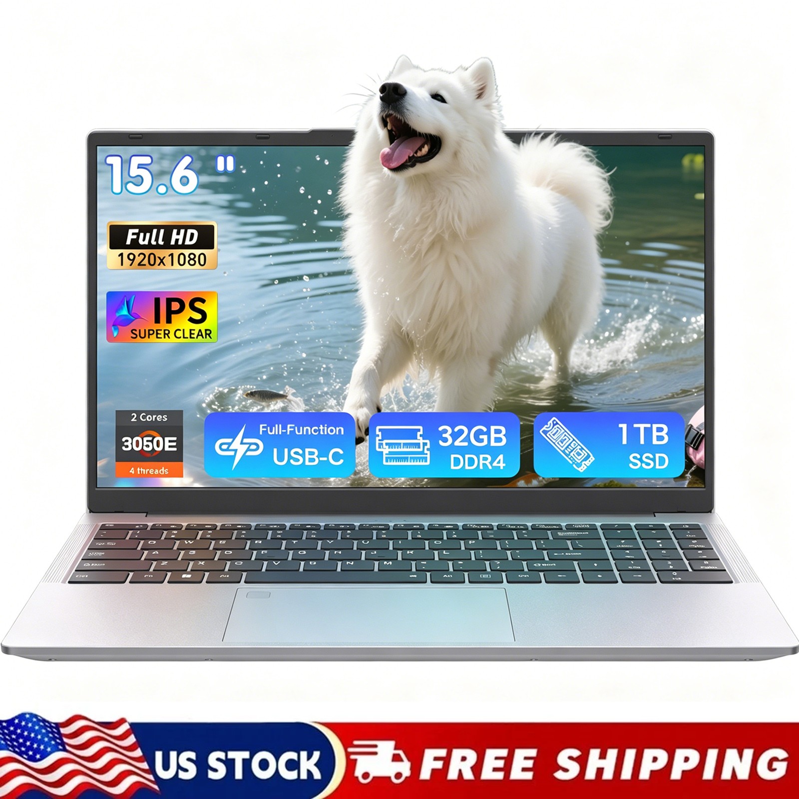 15.6″ 32GB RAM+1TB Laptop 3050E 6000mAh Win 11 Pro Lightweight Student Computer