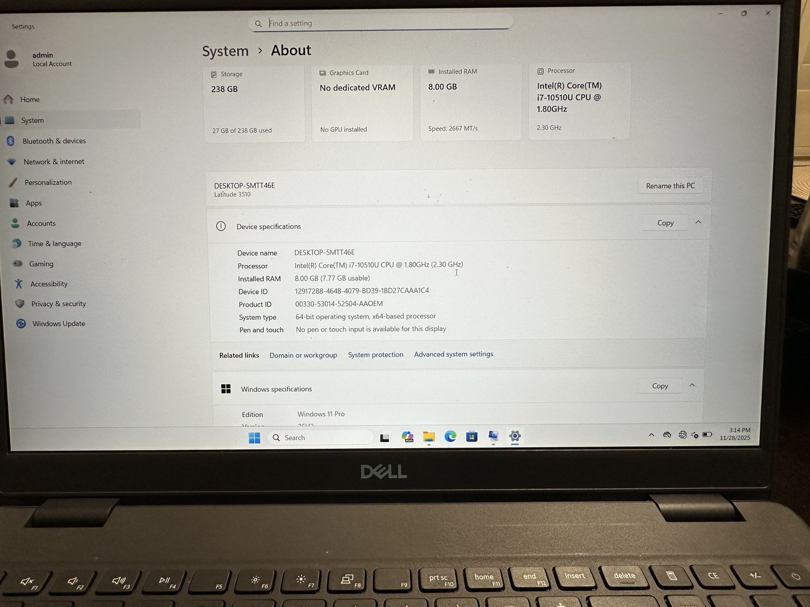 Dell Latitude 3510 15.6” i7-10510U 8GB RAM 256GB SSD Win11 Pro w/130W Charger