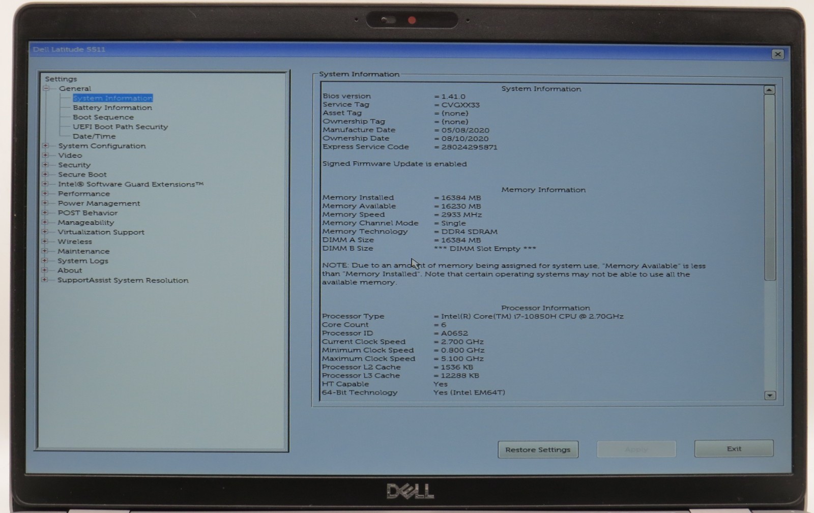Dell Latitude 5511 i7-10850H 16GB DDR4 256GB M.2 Win11 Pro w/AC