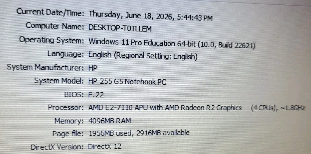 HP 255 G5 Notebook PC AMD E2-7110 4xCPU@ 1.8GHz 4GB RAM 500GB HDD(6-16-1)