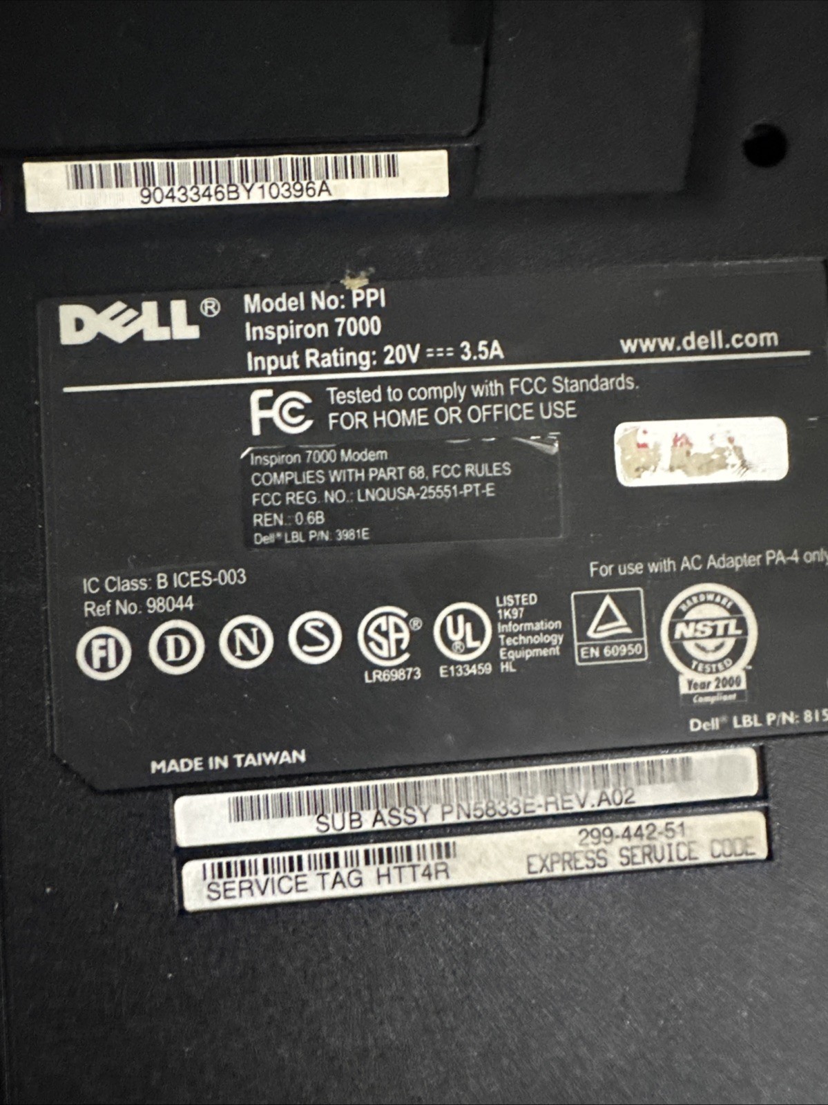VINTAGE Dell PPI Inspiron 7000 Laptop UNTESTED NO Power Cord, Hinge damage