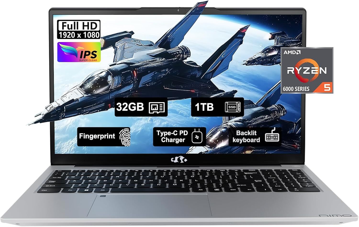 NIMO 15.6″ FHD Gaming Laptop 6 Cores AMD Ryzen 5 32GB RAM 1TB SSD 54Wh Battery