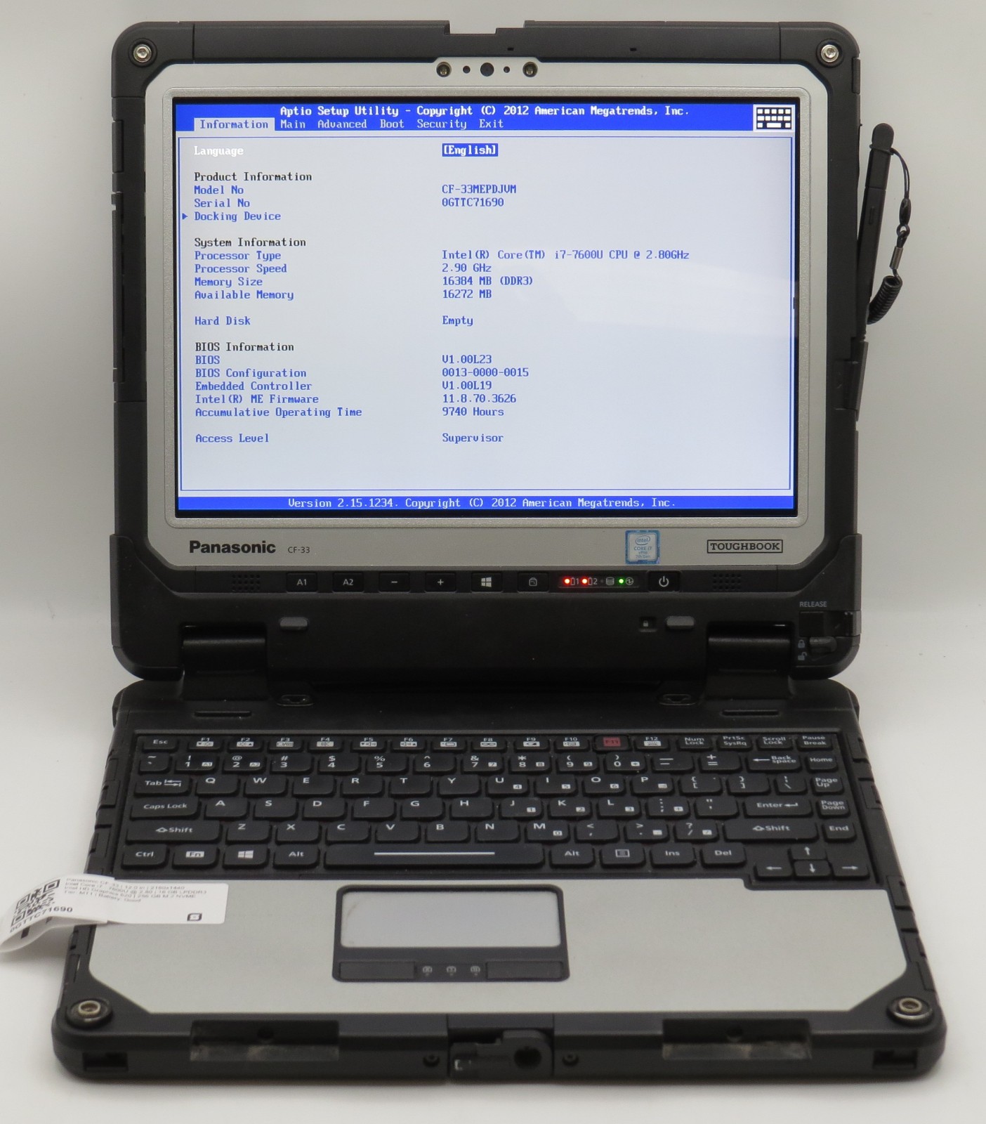 Panasonic CF-33 Toughbook i7-7600U@2.8 | 16/256GB SSD | 12″ Touch | No OS/AC