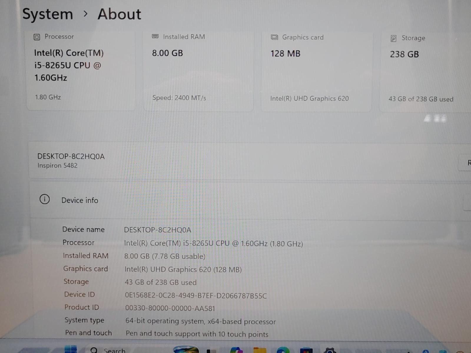 Dell Inspiron 5482 14″ i5-8265U 8GB 256GB Win11Pro *NO A/C* *BAD KEYBOARD* *READ