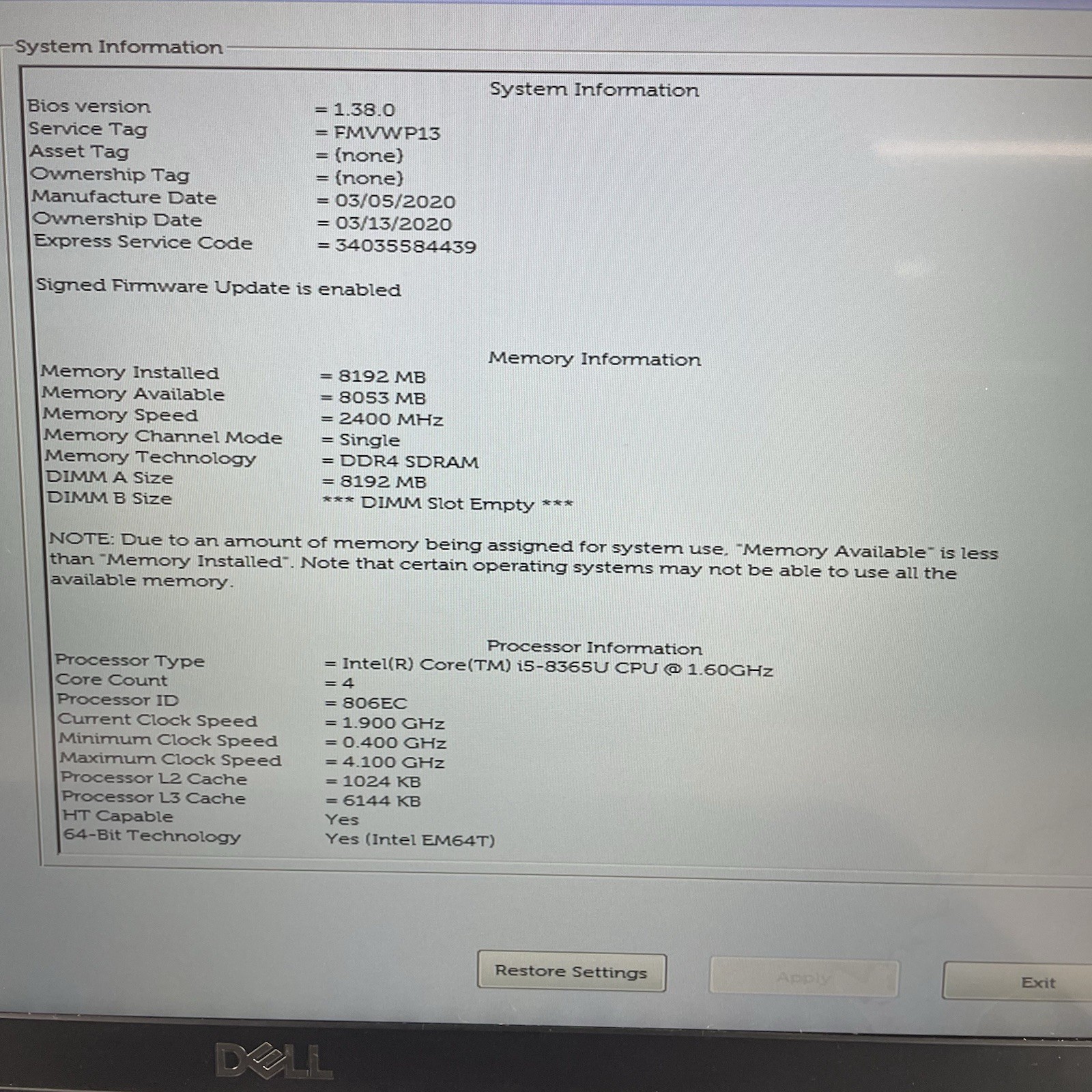 Dell Latitude 5400 14″ i5-8365U 1.60 GHz 8 GB RAM No SSD/OS/AC/Batt – READ
