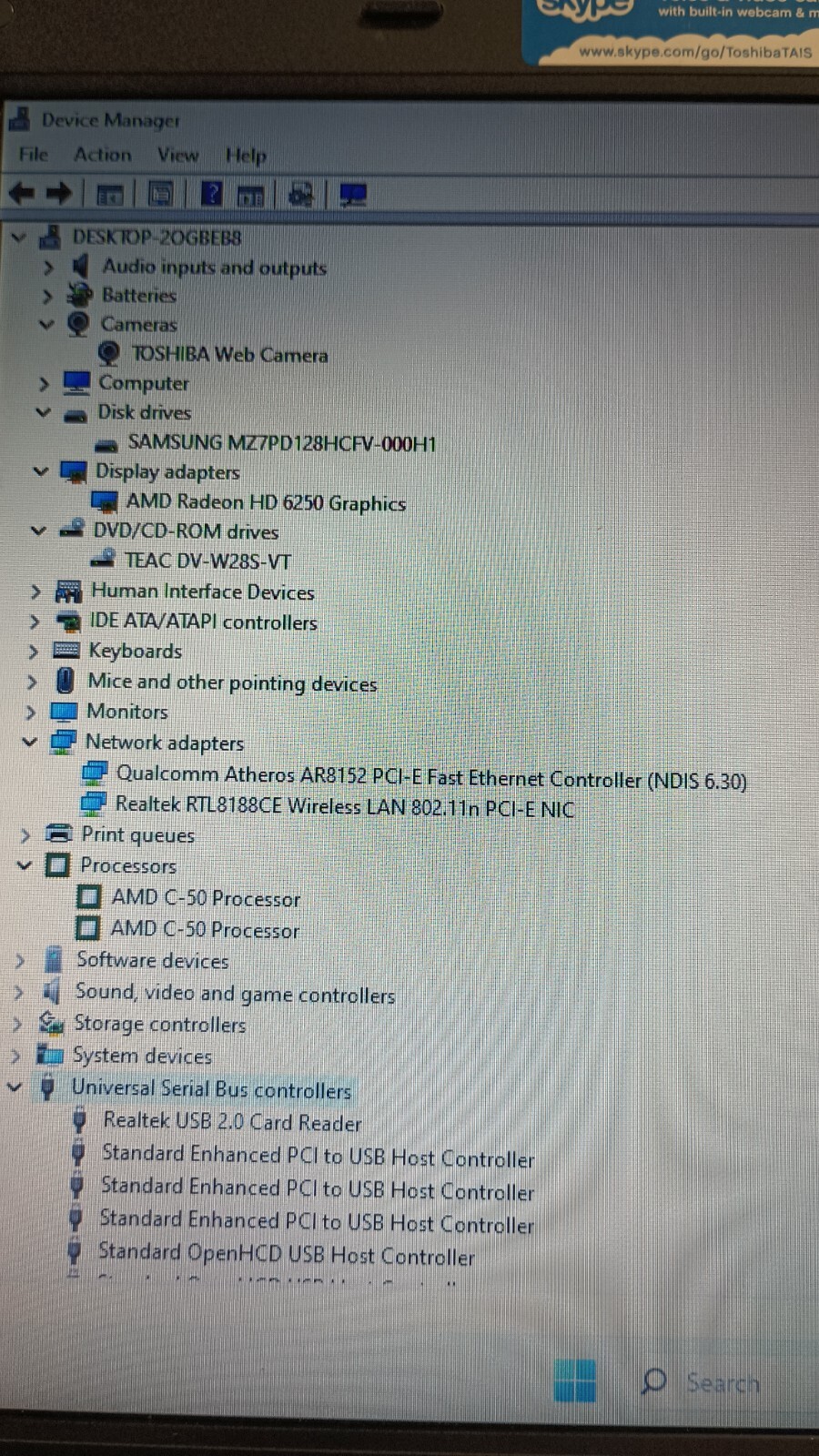 574 Toshiba C665D w/charger.AMD C-50.8GB.128GB SSD.Optical.15.6″.W11.Nice
