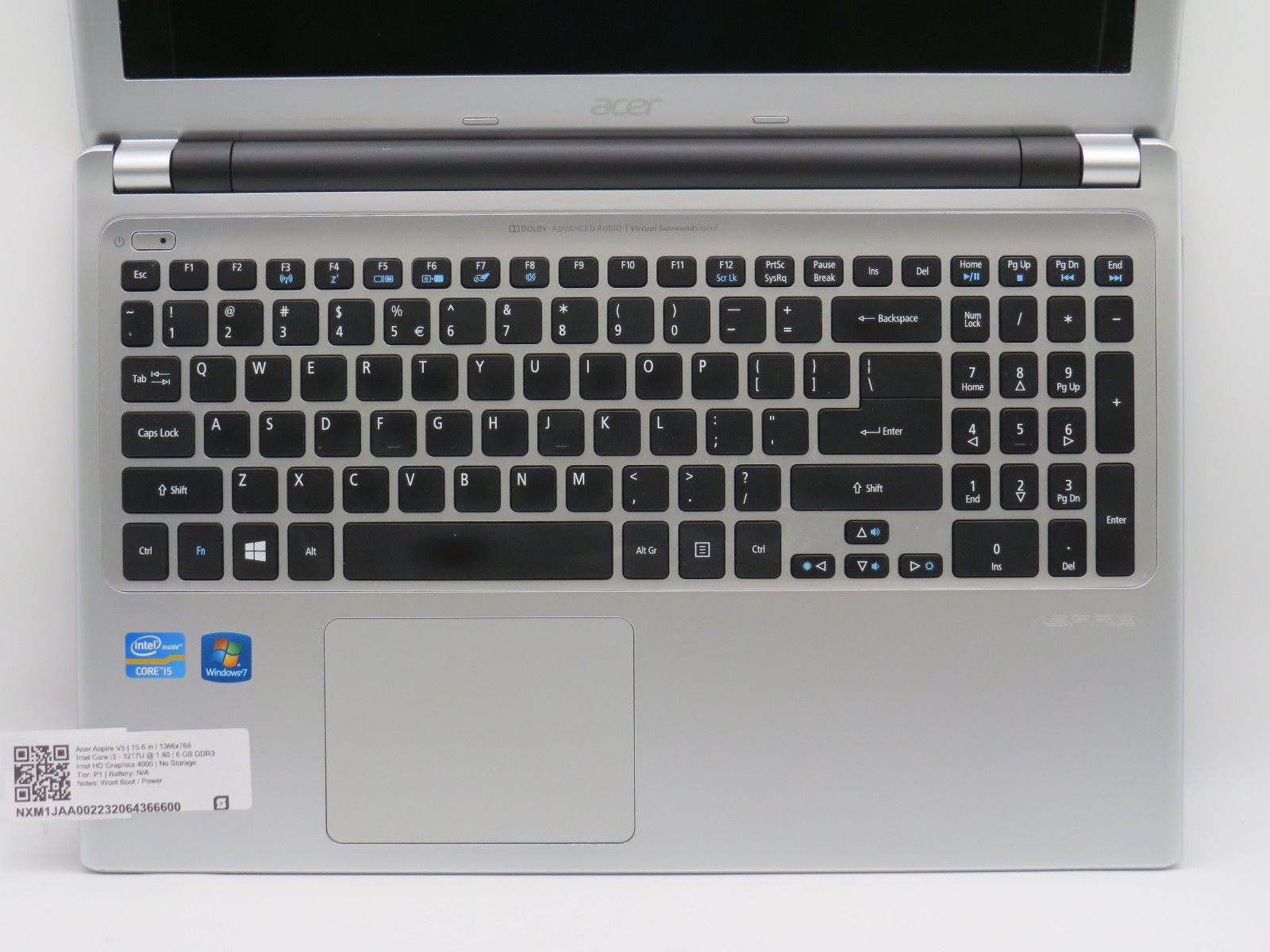 Acer Aspire V5 i3-3217U @ 1.8GHz 6GB DDR3 HD 4000 15.6″ No HDD/OS/AC PARTS
