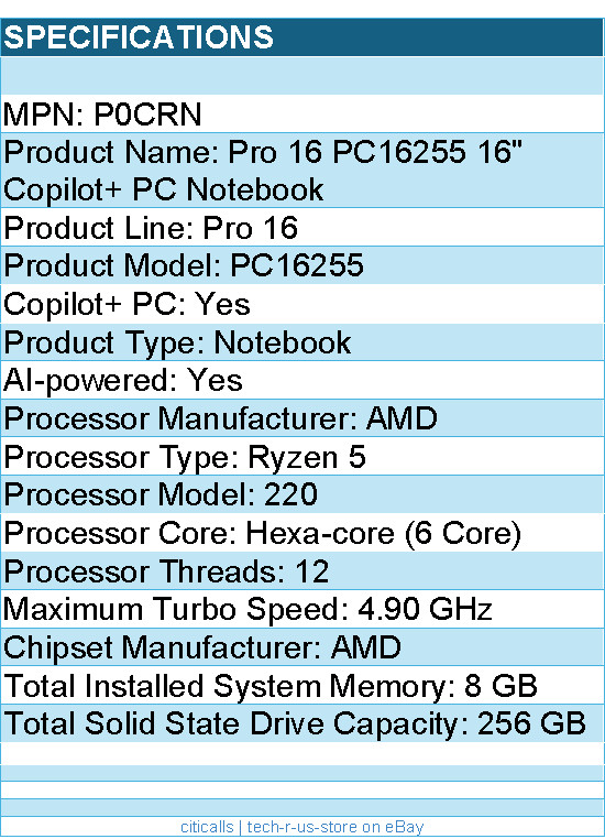 Dell P0CRN Pro 16 PC16255 16″ Copilot+ PC Notebook – Full HD Plus