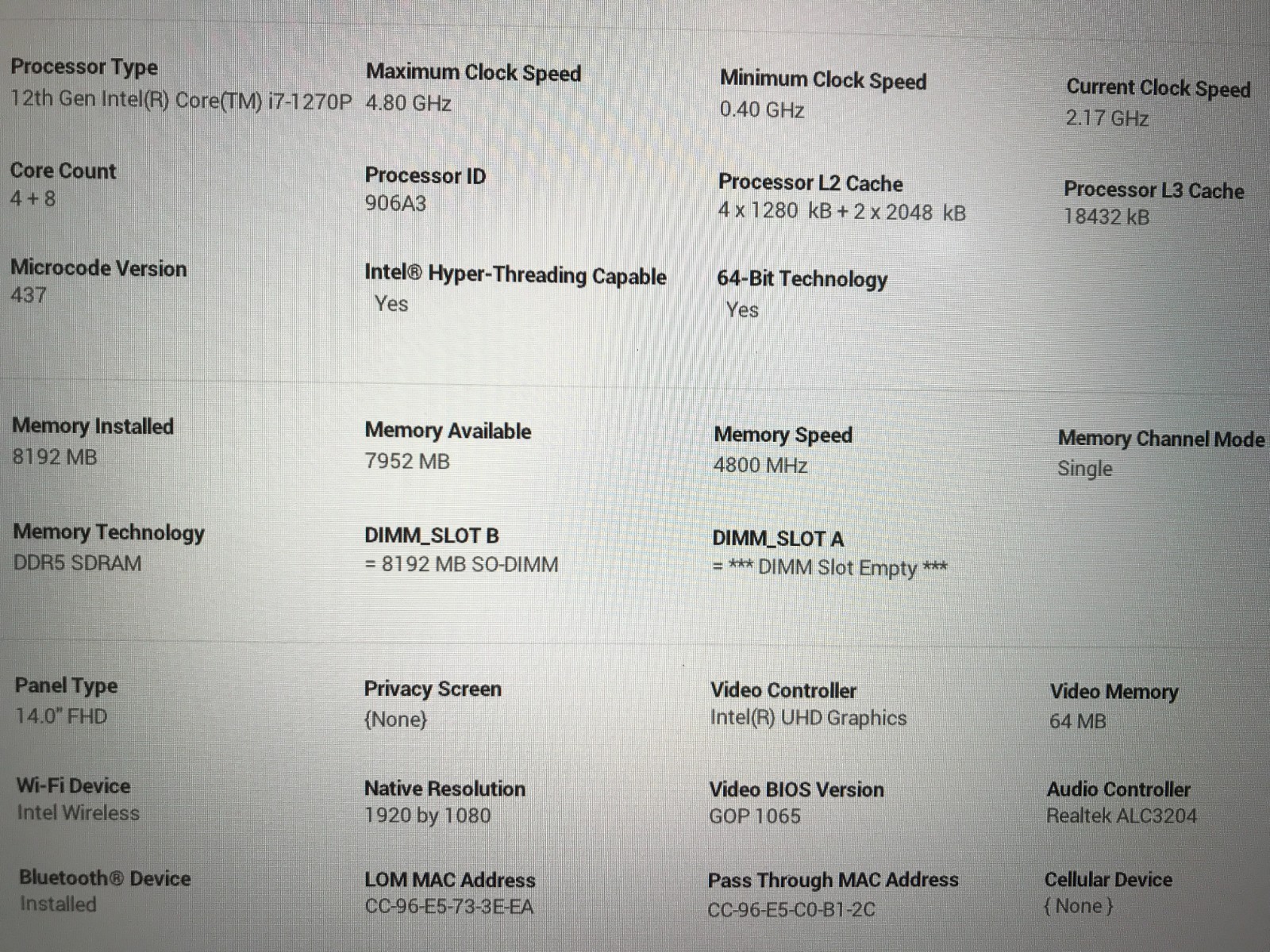 Dell Latitude 5431 / Intel Core i7-1270P 2.17GHz / 8GB RAM / No SSD