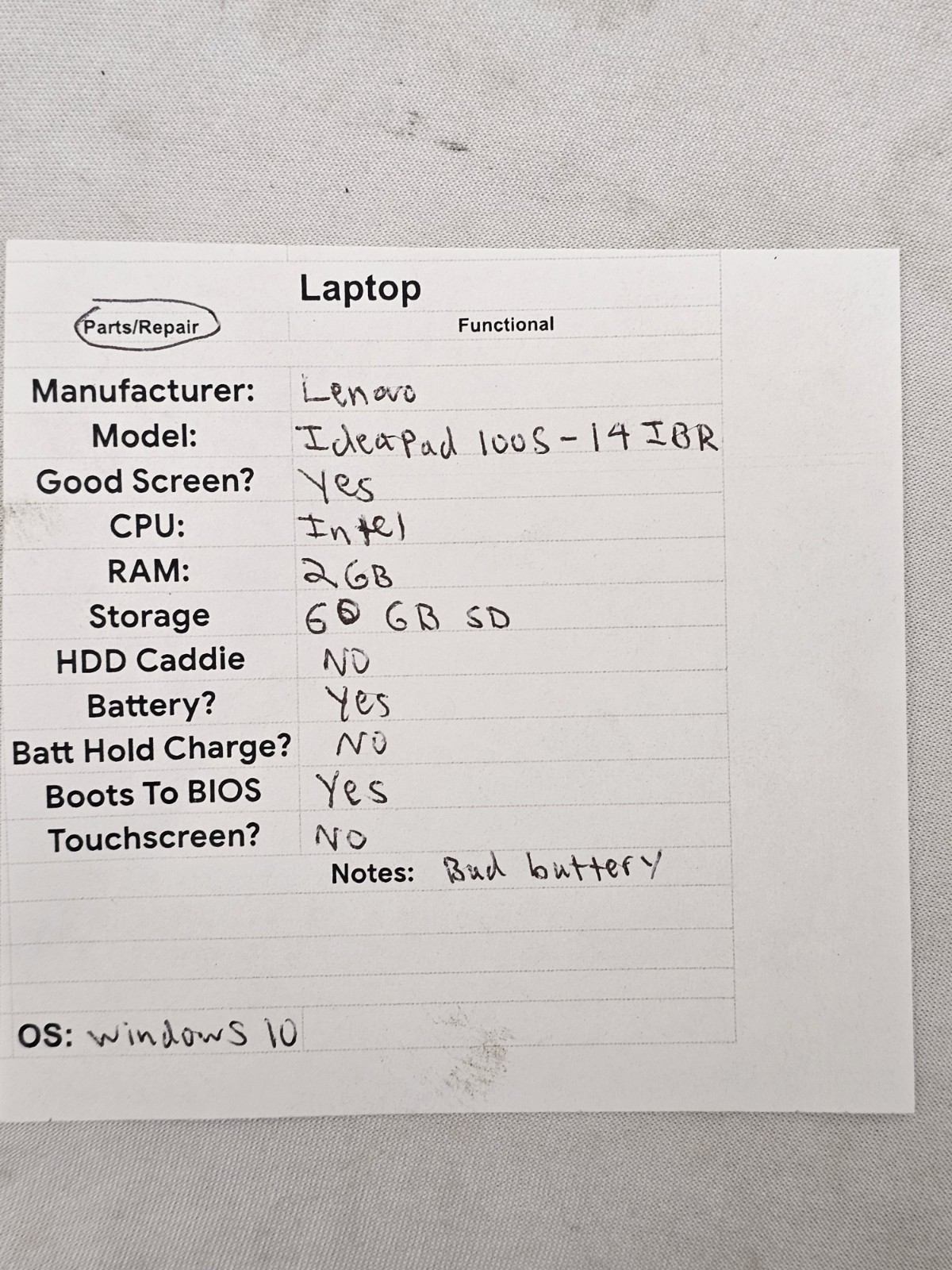 Lenovo IdeaPad 1005 Laptop – Intel – 2GB RAM – 60GB SSD – BAD BATTERY – Win 10