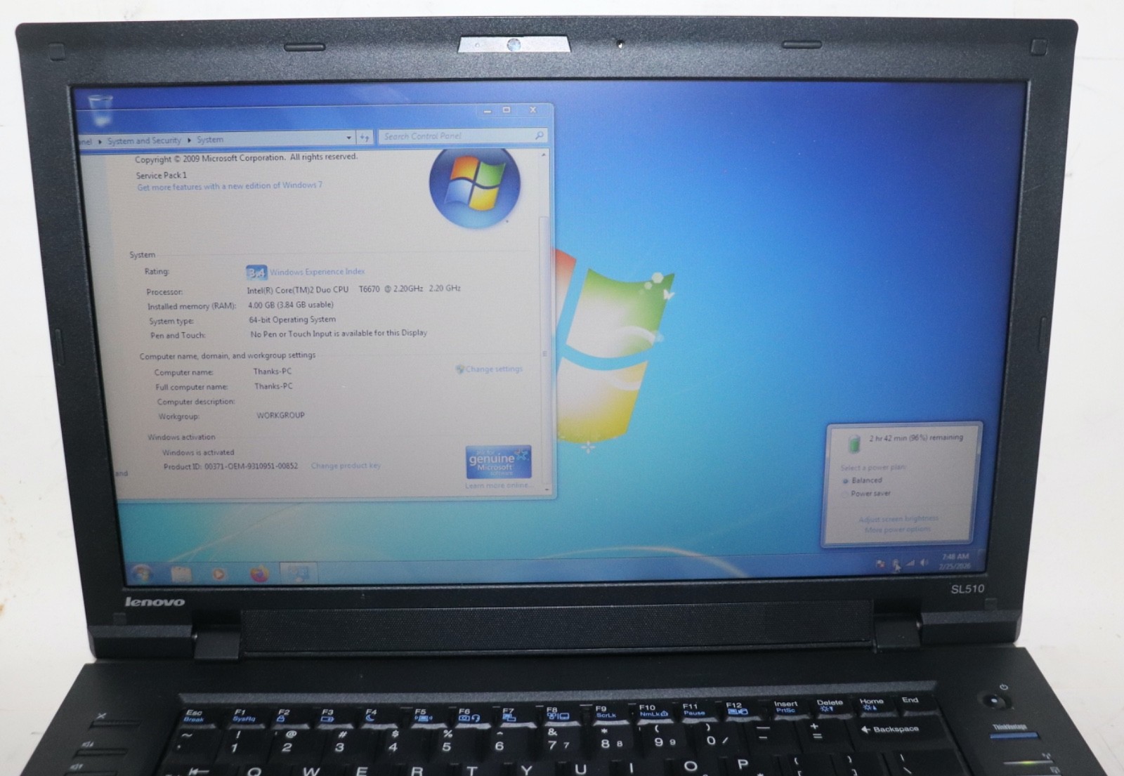 Lenovo ThinkPad SL510|IntelCore Duo@2.00GHz|4GB RAM|250GBHDD|WIN 7 Prof|WiFi