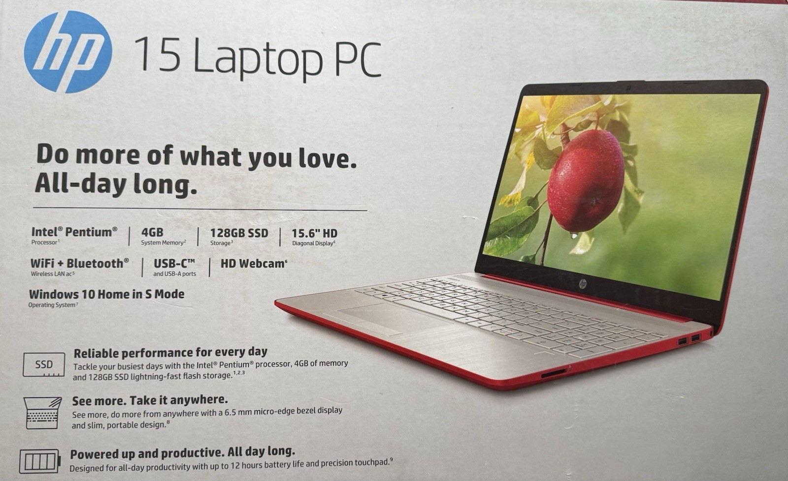 HP 15 – Crimson Red – dw1083wm 15.6″ Intel Pentium 4GB RAM 128GB SSD Red Win10 S