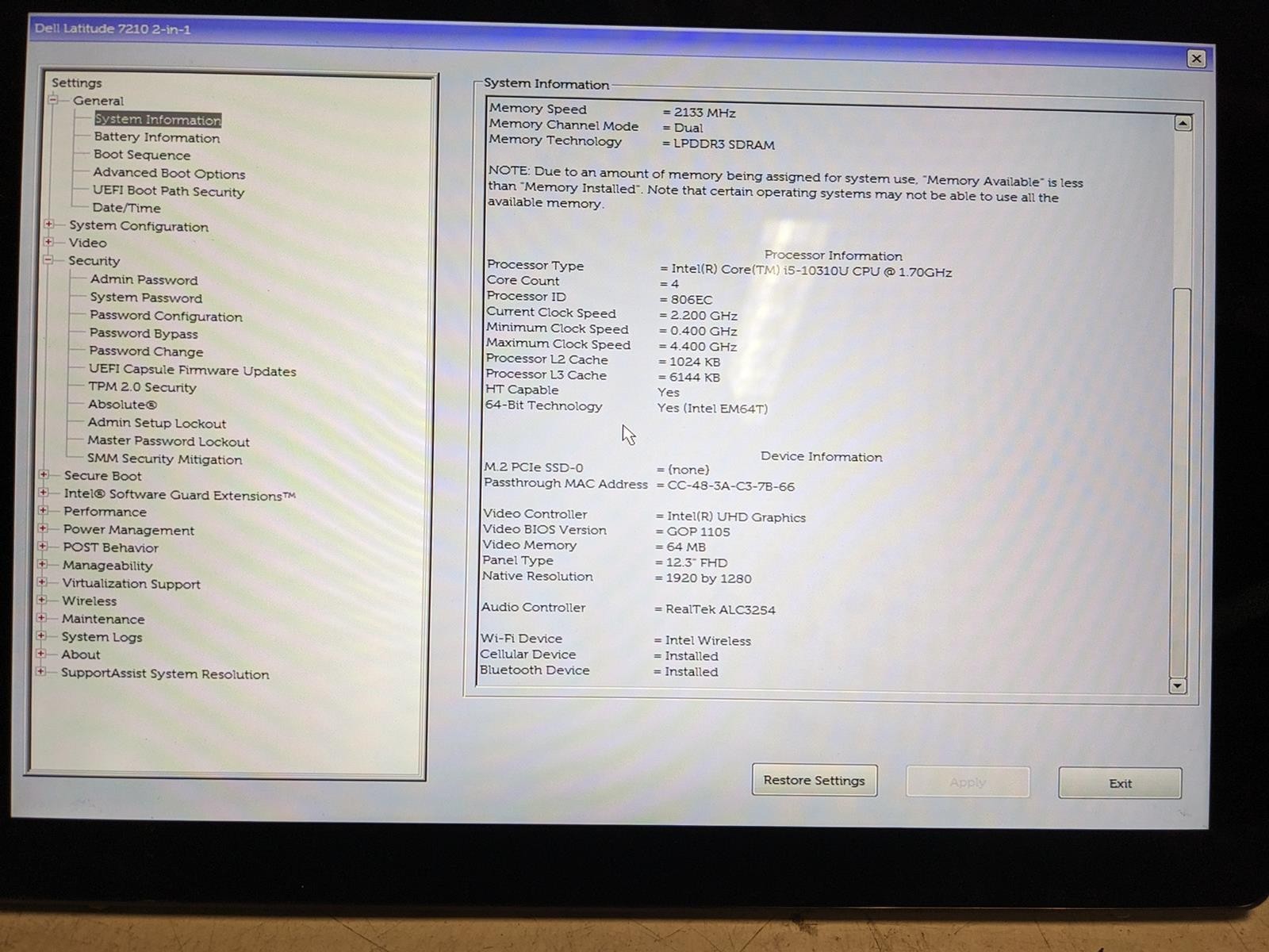 DELL LATITUDE 7210 2-IN-1 i5-10310U @ 1.70GHz, 8GB RAM, NO HDD/OS