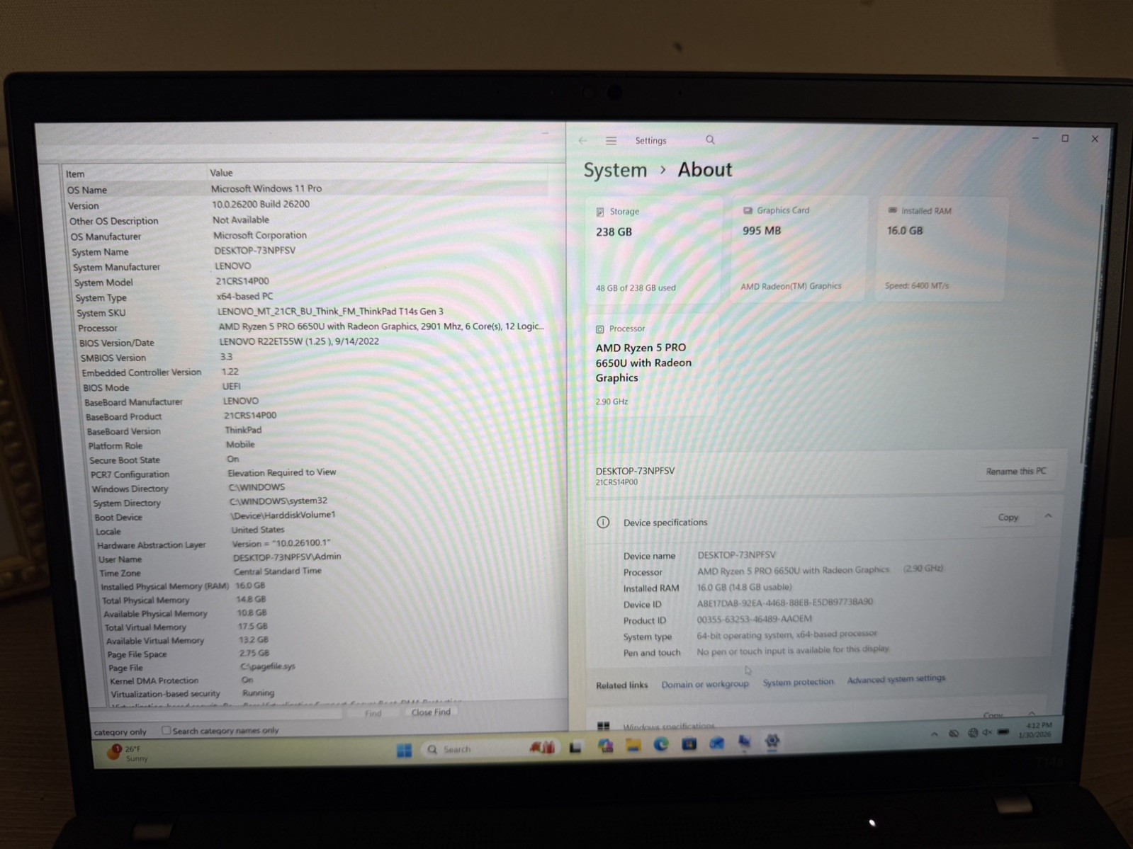 Lenovo ThinkPad T14s Gen 3 (2023), Ryzen 5 Pro 6650U, 16GB, 256GB, Win 11 Pro