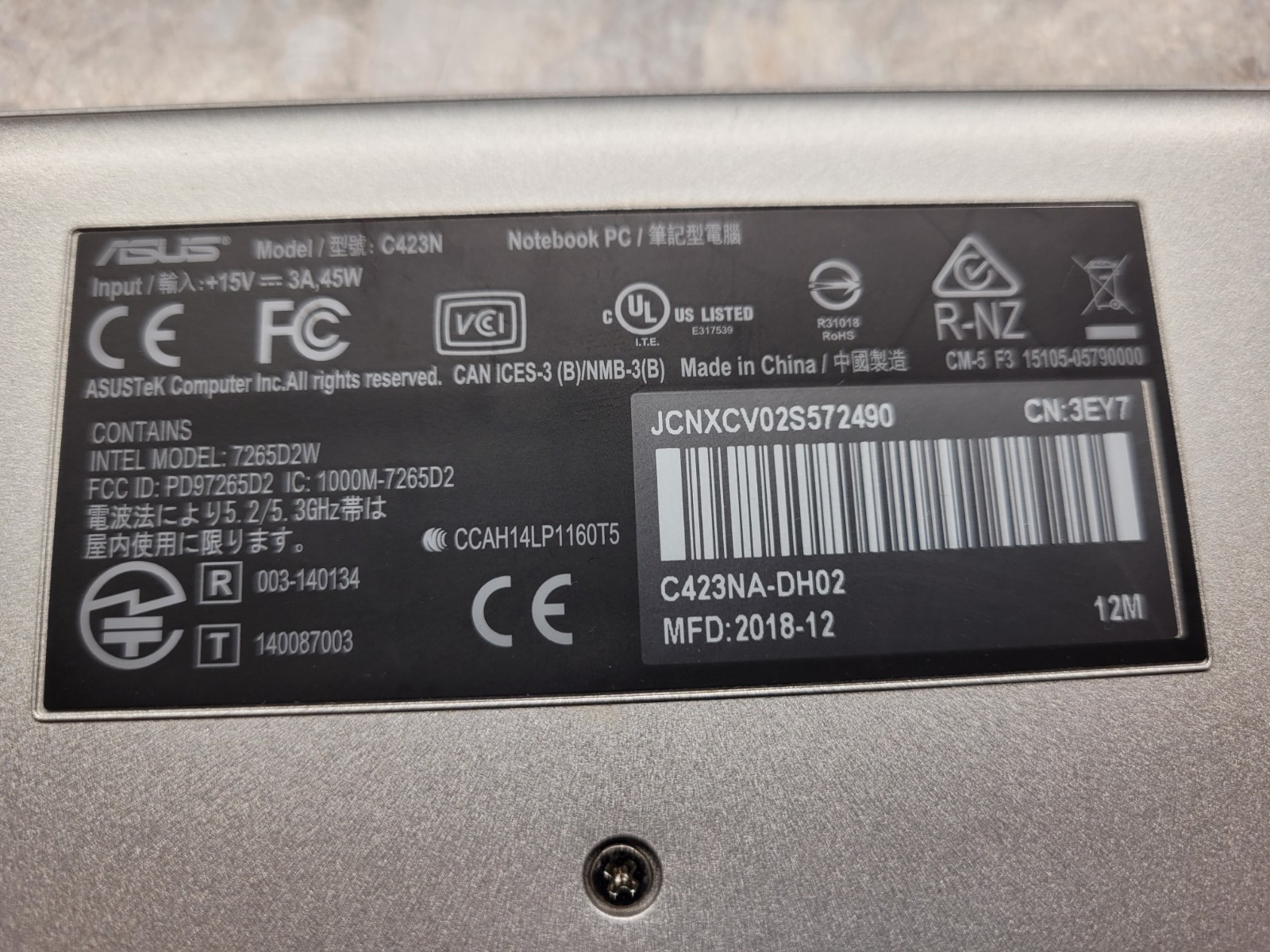 ASUS Chromebook Intel Model 7265D2W-14-inch 4GB 32GB HD Non-Touch,Silver C423N