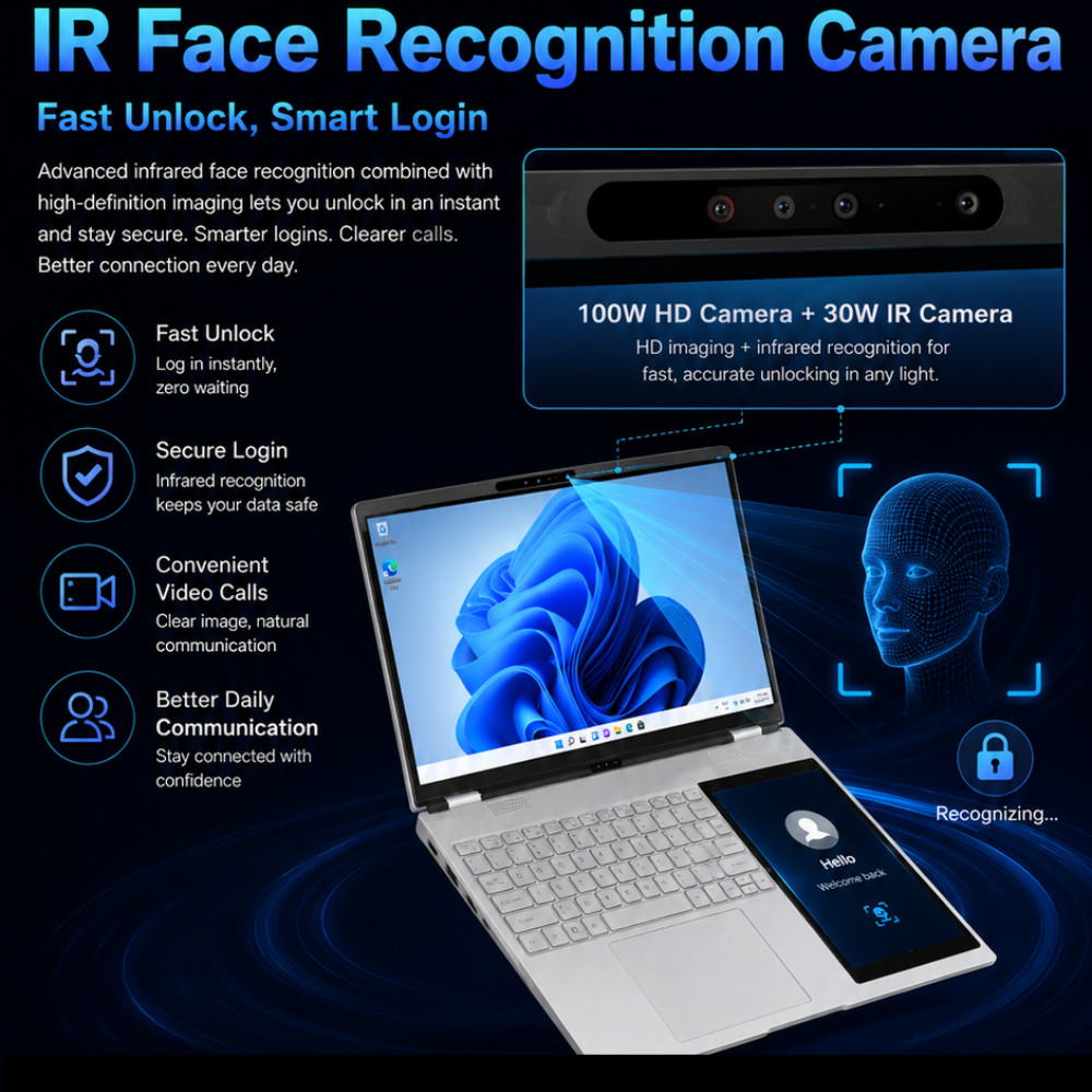 15.6″+7″Dual‑Screen Laptop Intel N150 16GB DDR4 Backlit Keyboard Face ID 5000mAh