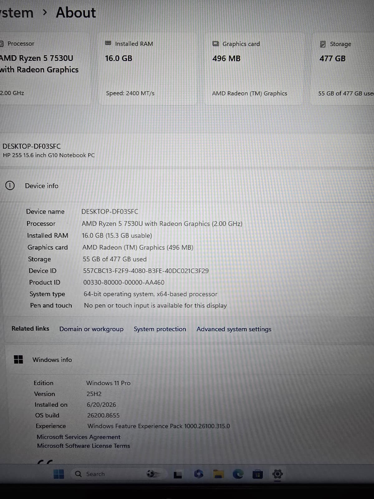 15″ HP Laptop 255 G10 | Ryzen 5 7530U 16GB RAM 512GB SSD | FHD Windows 11 Pro