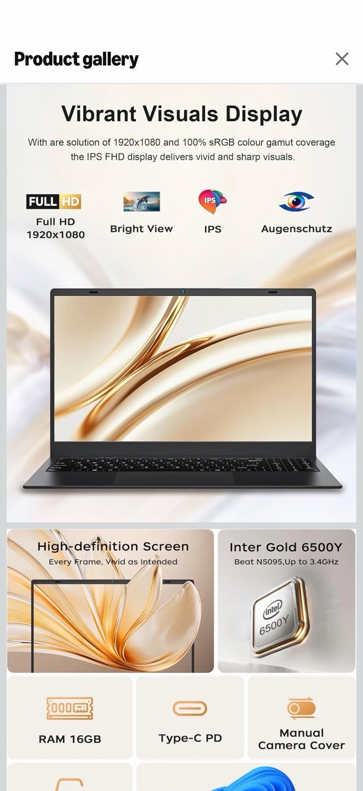 BLUEING 15.6″ FHD Laptop Win 11 Intel 6500Y 16GB 512GB SSD Gray