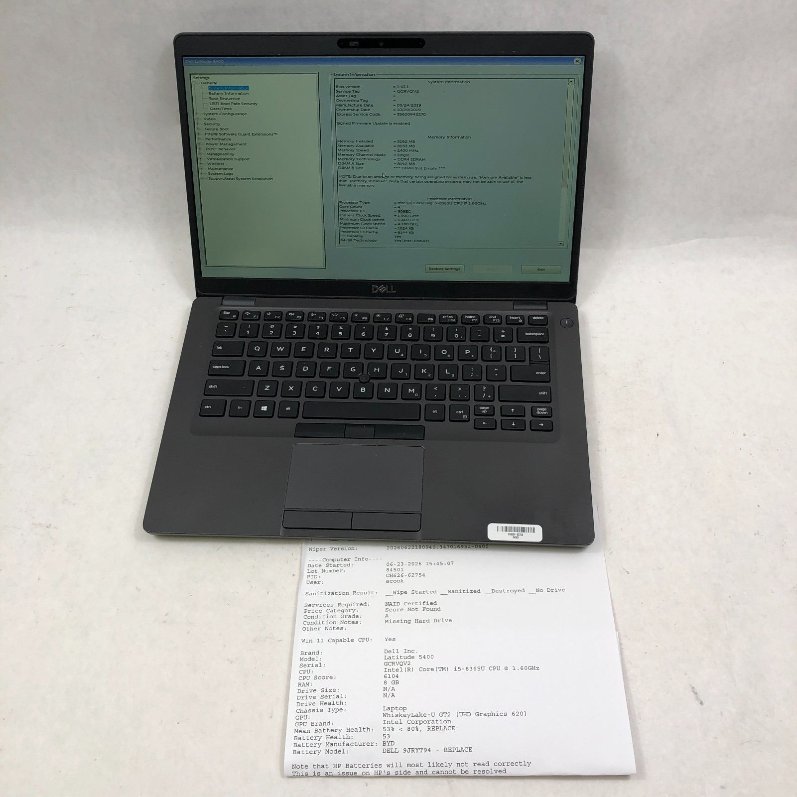 Lot of 8 Dell Latitude 5400 Laptop i5-8265U 1.6GHz 8GB NO SSD 14″ No OS Read