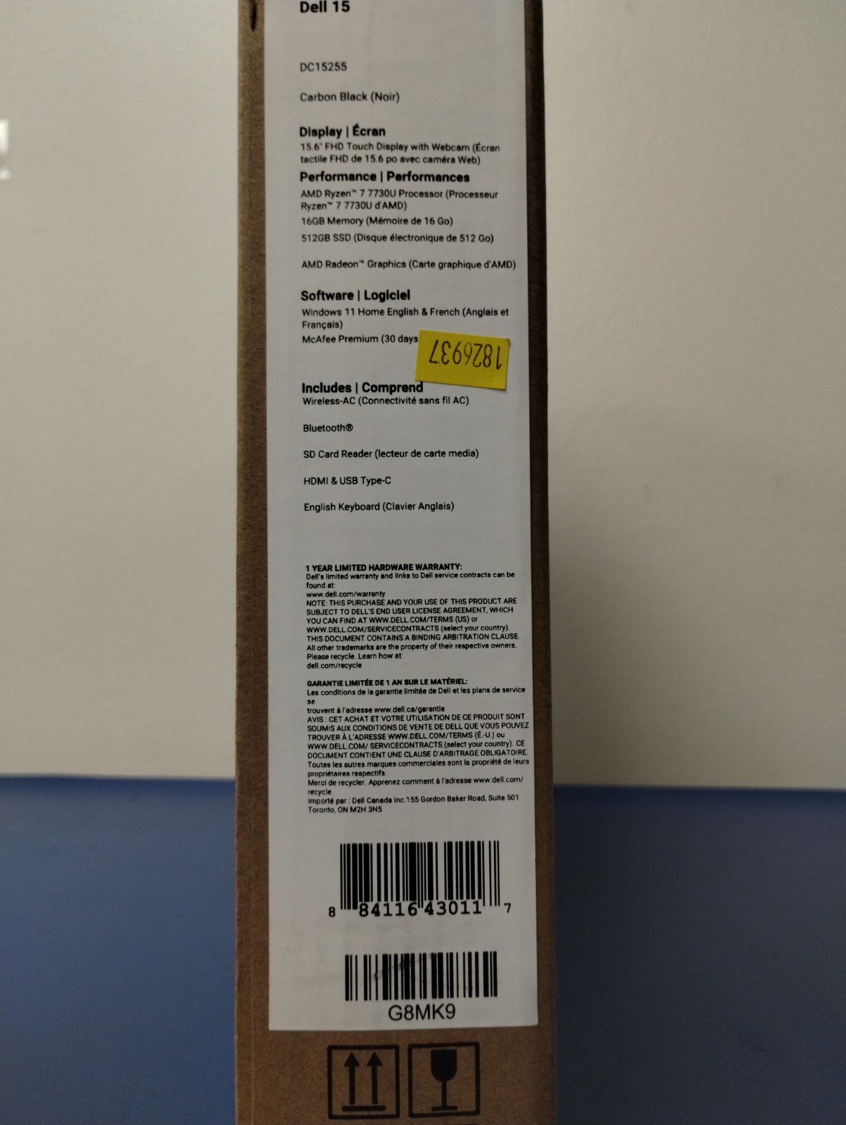 DELL 15 DC15255 G8MK9, AMD Ryzen 7 7730U, 2.00 GHz, 16 GB RAM, 512 GB NVMe SSD