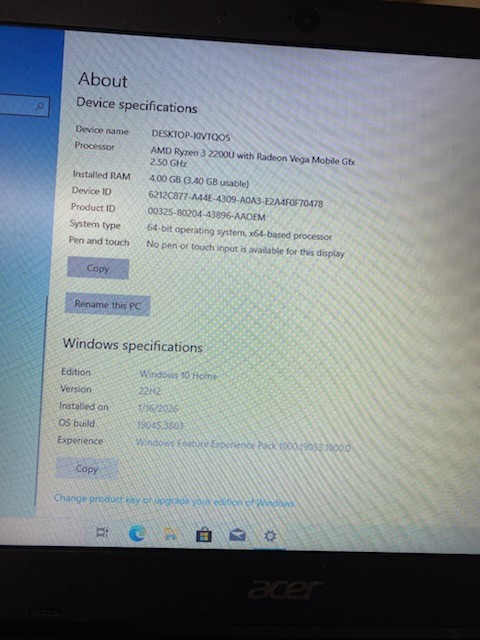 Acer Aspire 3 A315-41-R0GH 15.6 in Ryzen 3 2.50Ghz 4GB Ram 1TB HDD *bad mousepad