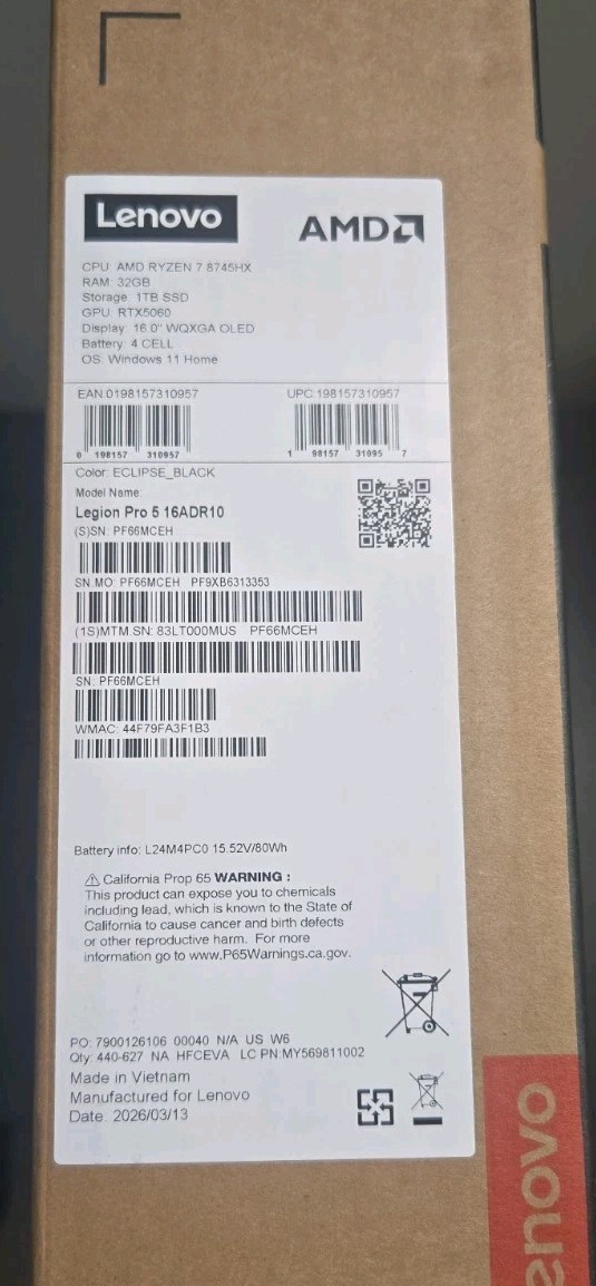 Lenovo Legion Pro 5 16″ AMD Ryzen 7 8745HX – 32GB RAM 1TB SSD – SEALED Warranty