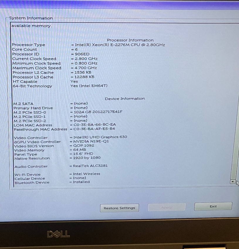 Dell Precision 7540 NVIDIA Q. RTX 3000 6GB 2.8GHz Intel Xeon E-2276M 64GB 1TB