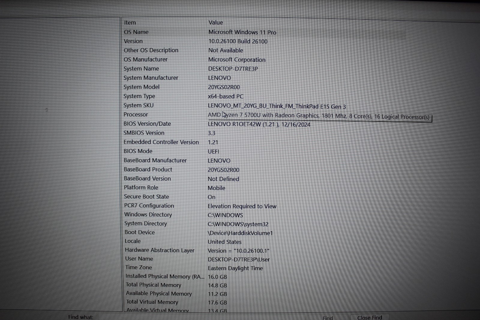 Lenovo Thinkpad E15 G3 AMD Ryzen 7 5700U 256GB NvME 16GB DDR4 Win11Pro