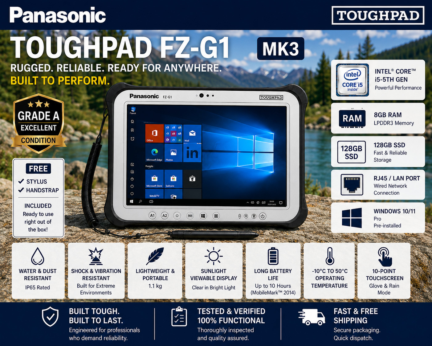 PANASONIC TOUGHPAD FZ-G1 8 GB LAN RJ45 Diagnostic Tablet I5 5th Gen Stylus Strap