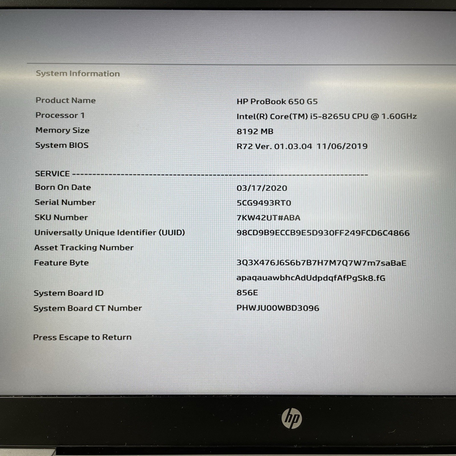 HP ProBook 650 G5 15.6″ i5-8265U 1.60 GHz 8 GB RAM No SSD/OS/AC – No Sound